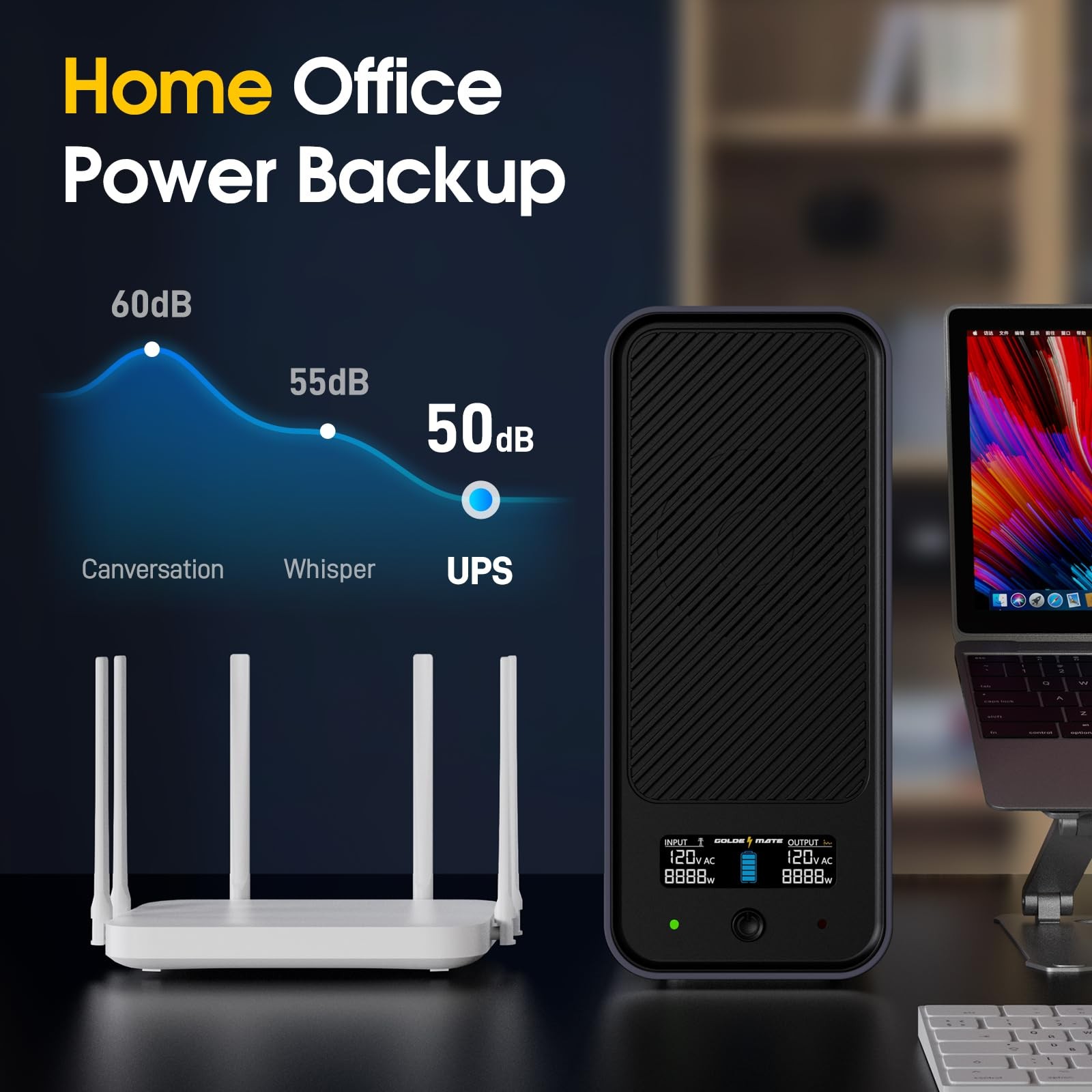 GOLDENMATE 800W UPS 1000VA Battery Backup 10-Year Lifetime for Gaming PC Server