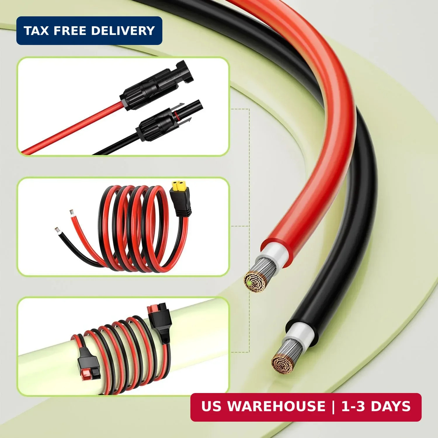 10AWG Solar Panel Wire, 2x50FT 6mm² Solar Extension Cable Red & Black 84 Strands