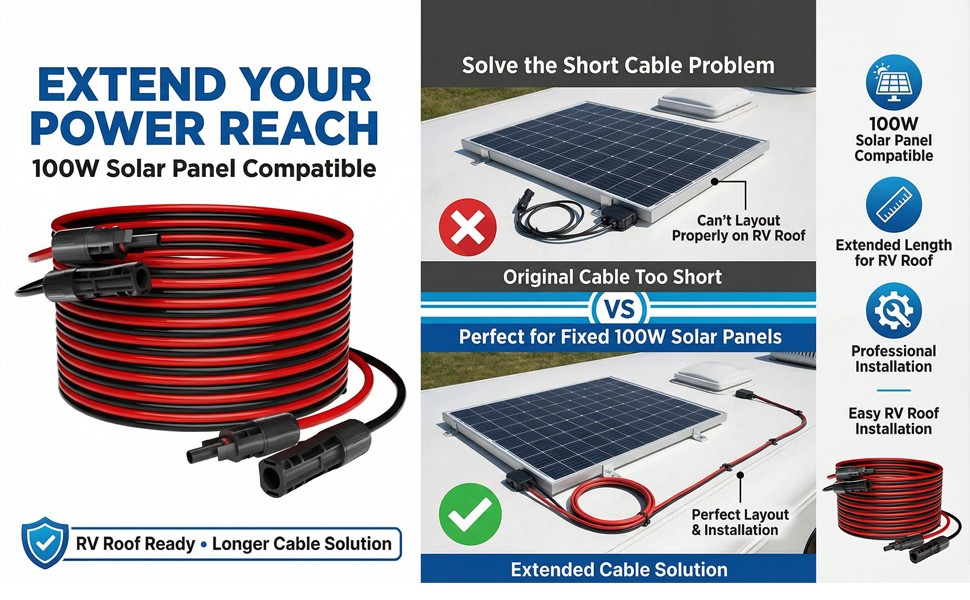 50ft Black + Red 10AWG Solar Panel Extension Cable Flexible Wire Connectors