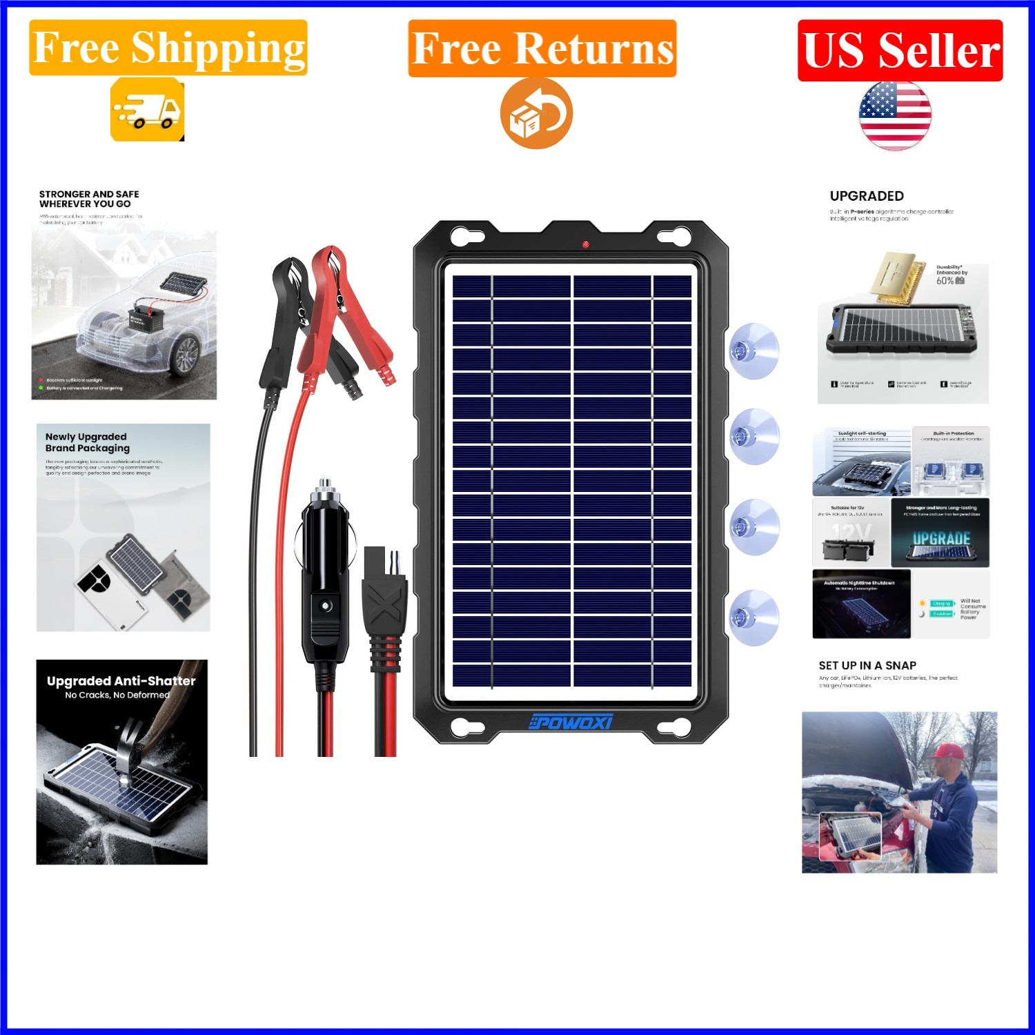 7.5W Waterproof Solar Battery Charger for 12V Cars & Marine