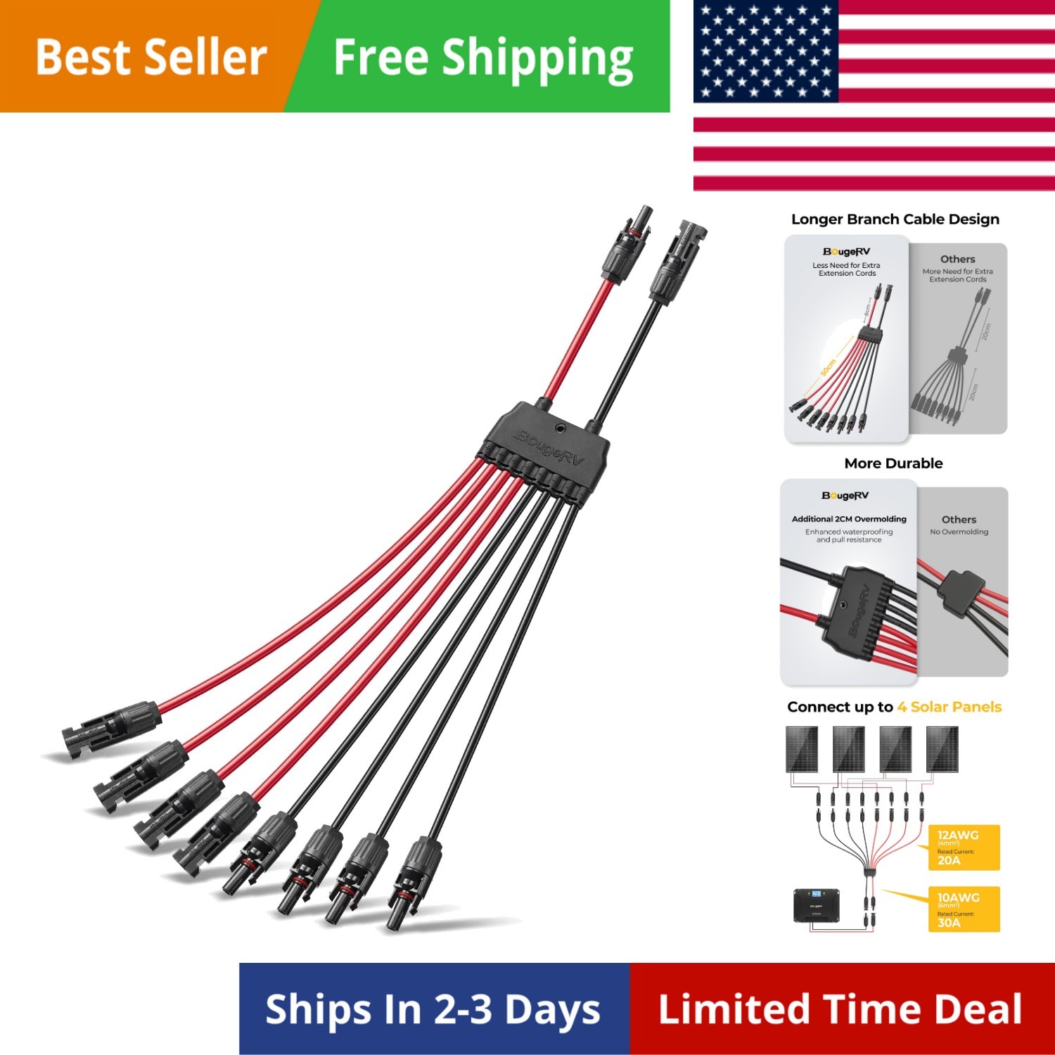 Solar Parallel Connectors for 2-4 Solar Panels, Extra Long 2 to 8 Y Branch 10…