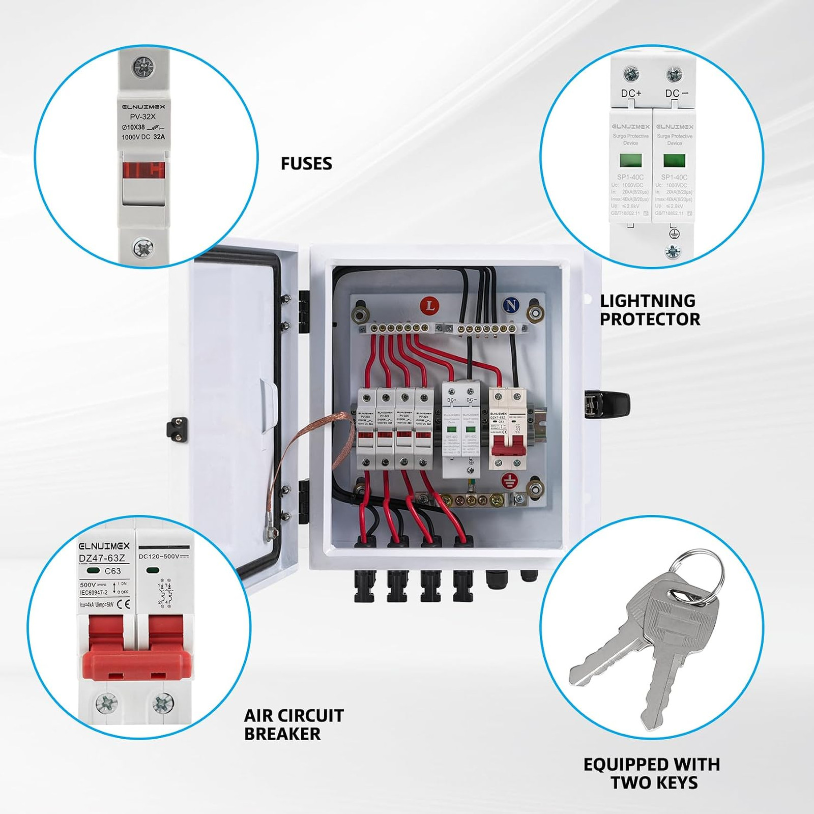 PV Combiner Box 4 String, IP65 Waterproof Solar Combiner with Lightning