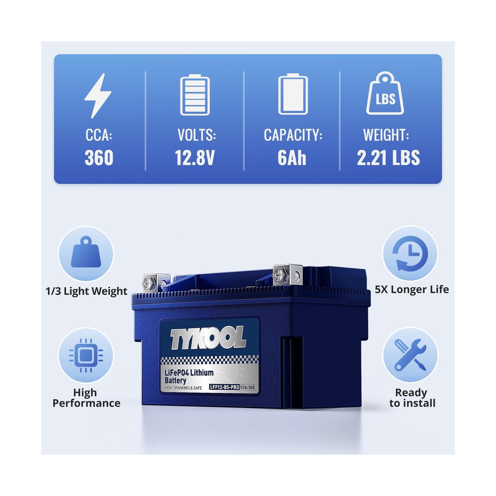 YTX12-BS High Performance LiFePO4 Lithium Motorcycle Battery,360CCA,12V 6Ah,D…