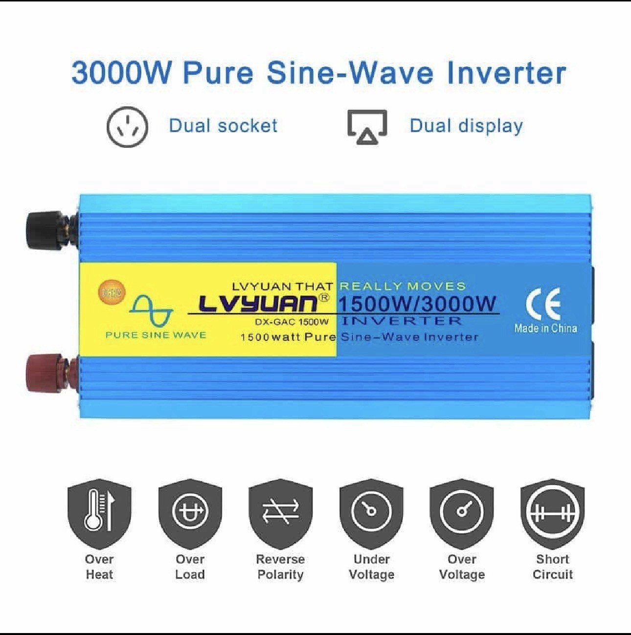 LVYUAN 3000W Pure Sine Wave Power Inverter – 24V DC to 110V AC – 6000W Peak