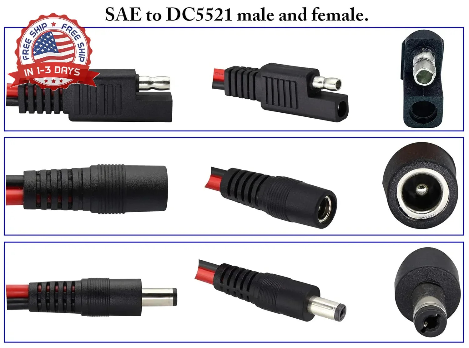 SAE Plug to DC 5.5 x 2.1mm (Female and Male) Adapter Cable with SAE Polarity Rev