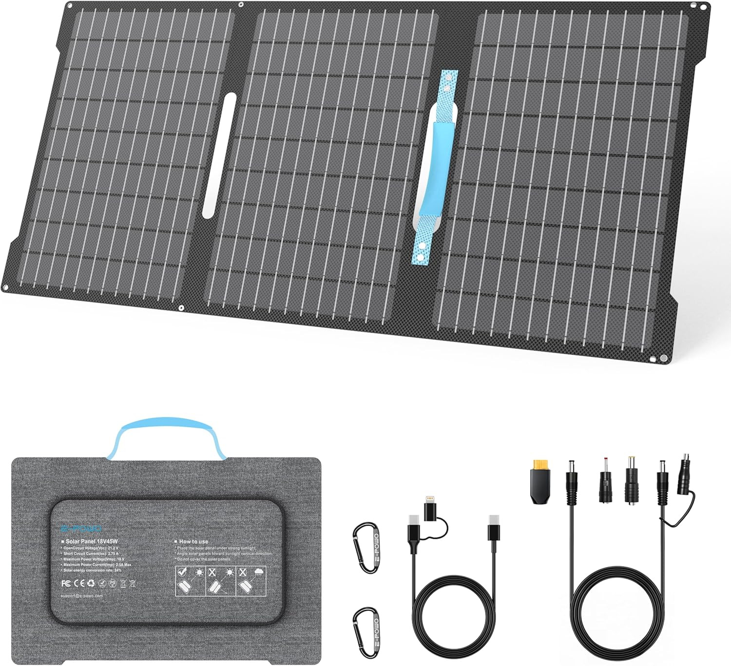 45W Portable Solar Panels Chargers with USB-C, USB-A and DC Outputs Foldable IP6