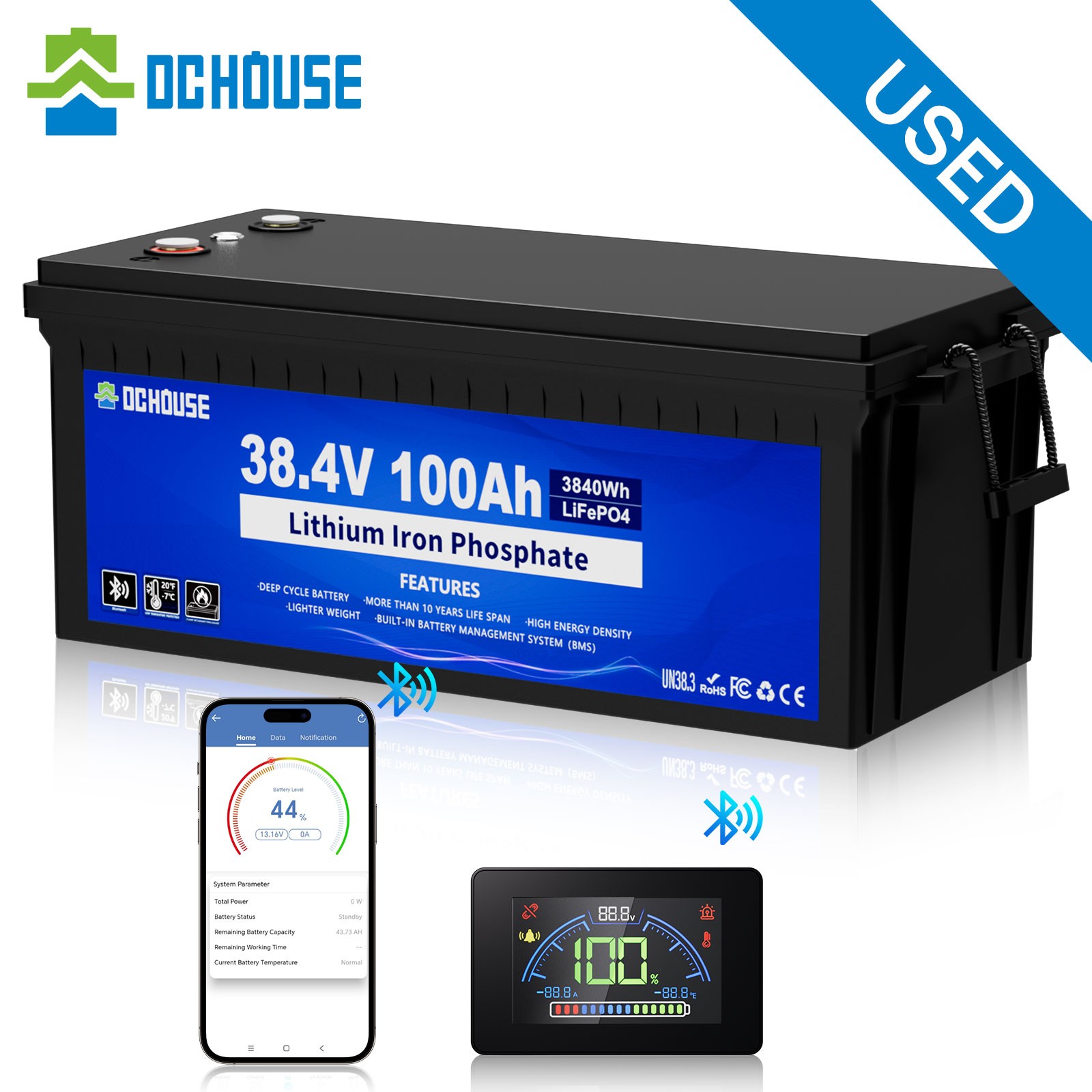 DC HOUSE 36V 100AH Lithium Golf Cart Battery with Switch Bluetooth Monitor Used