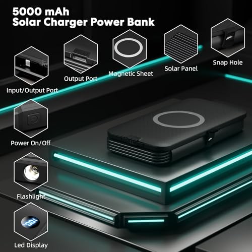 Solar Charger Power Bank 5000mAh with 4 Foldable Panels & 2 Built-in Cables,