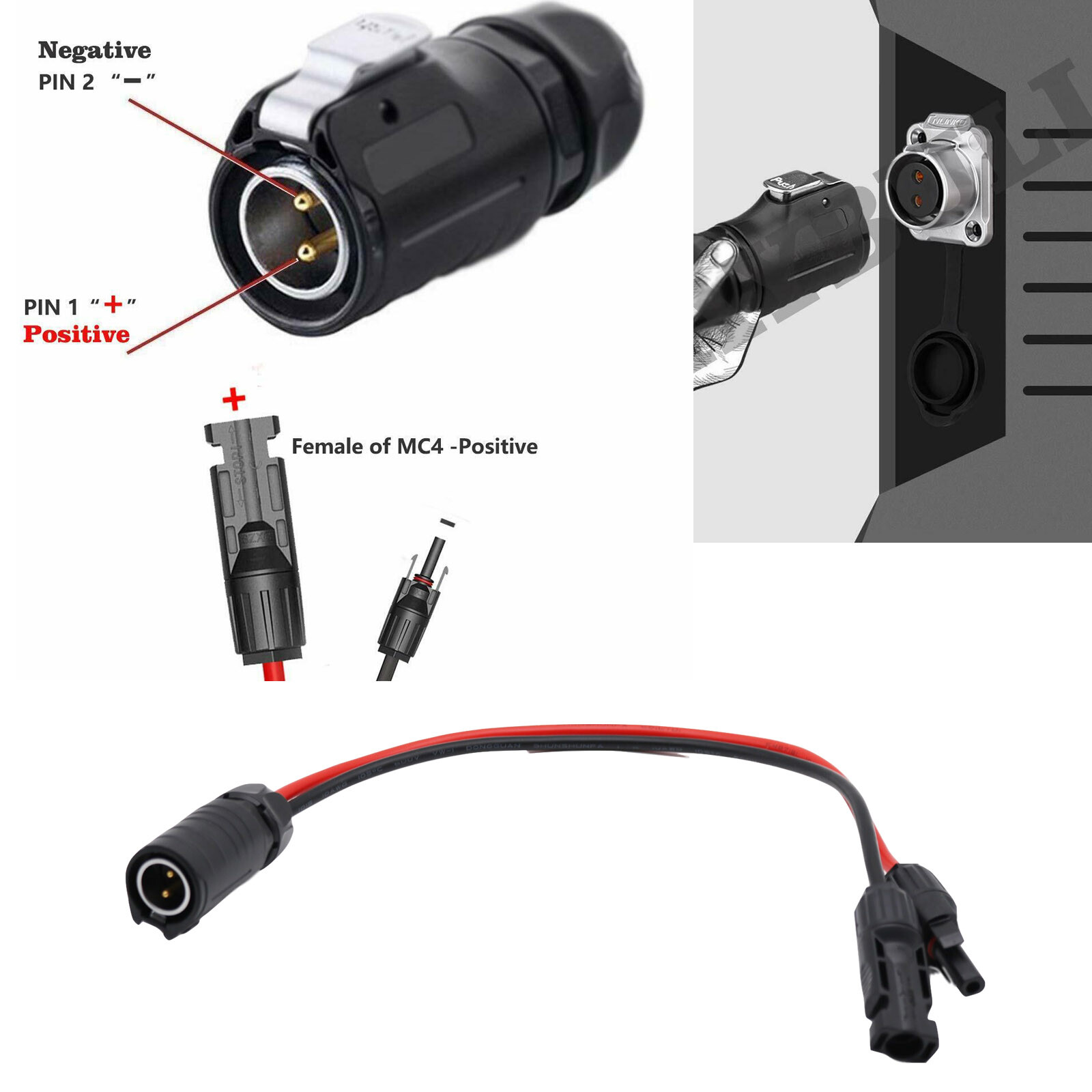 LP-20 2 Pin 2P Aviation Hella Plug Solar Panel Battery Power 10AWG Adapter Cable