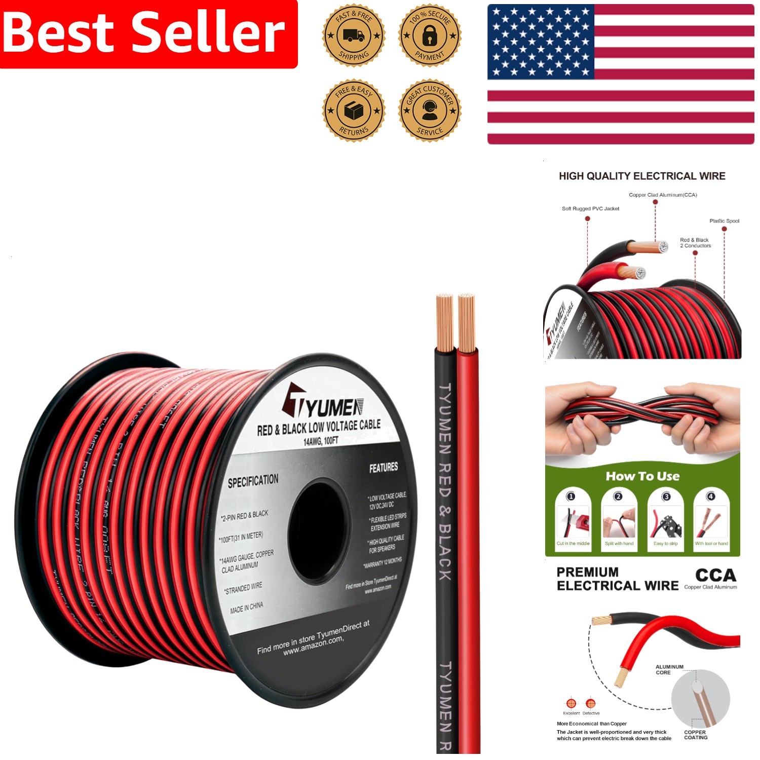 100FT 14/2 Gauge Red Black Electrical Wire for LED Strips 12V 24V DC Extension