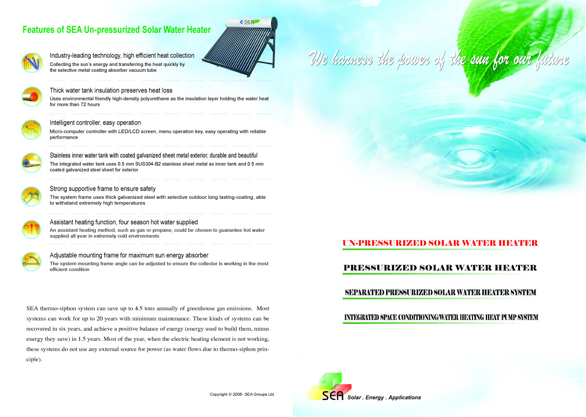 SEA Solar Passive Water Heater With Un-pressurized Tank 40Gallon/50G/80G