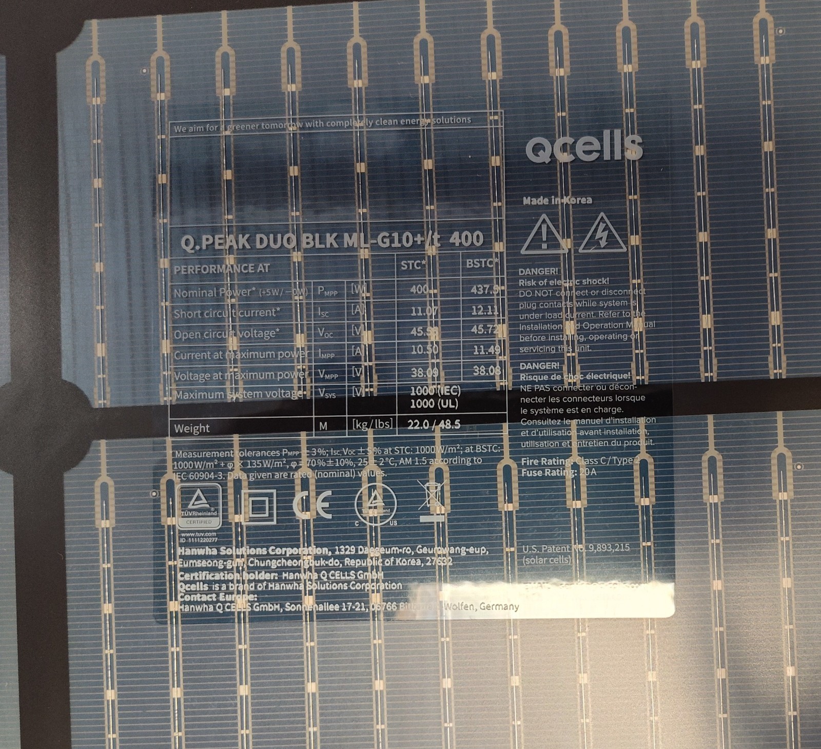 NEW Bi-Facial 400 watt Hanwha QCELLS Q.Peak Duo BLK ML-G10+/t 400, 41.1″ x 74″