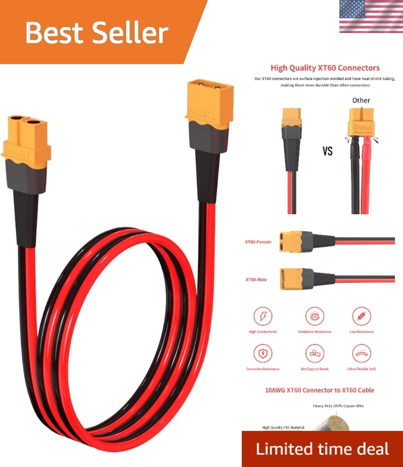 10AWG 2FT XT60 Male to Female Connector for RC & Solar Applications