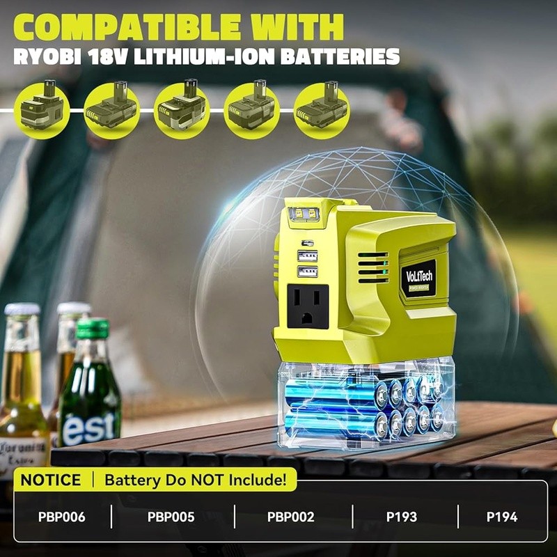200W Portable Power Inverter Ryobi 18V Batteries W/ USB Charging & LED Light