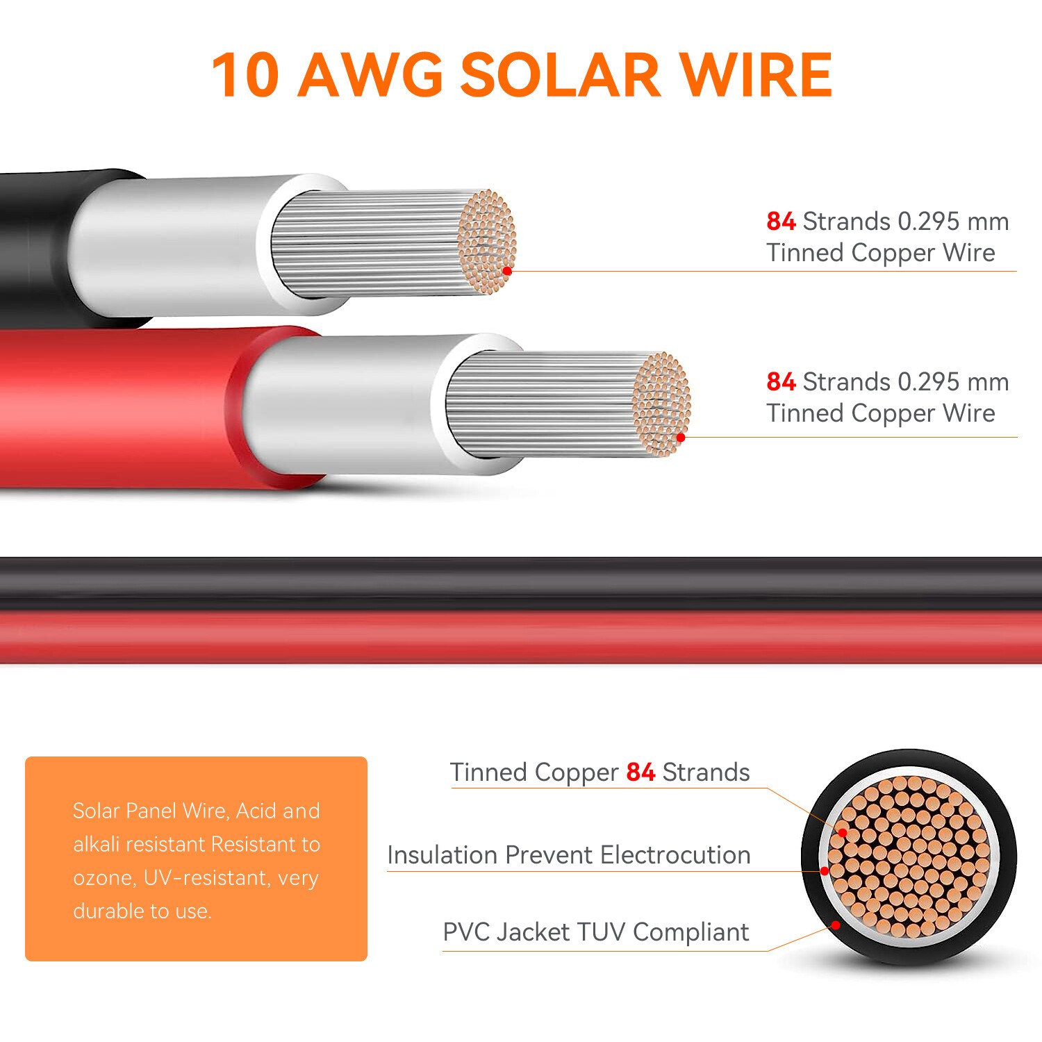 50ft Black + Red 10AWG Solar Panel Extension Cable Flexible Wire Connectors