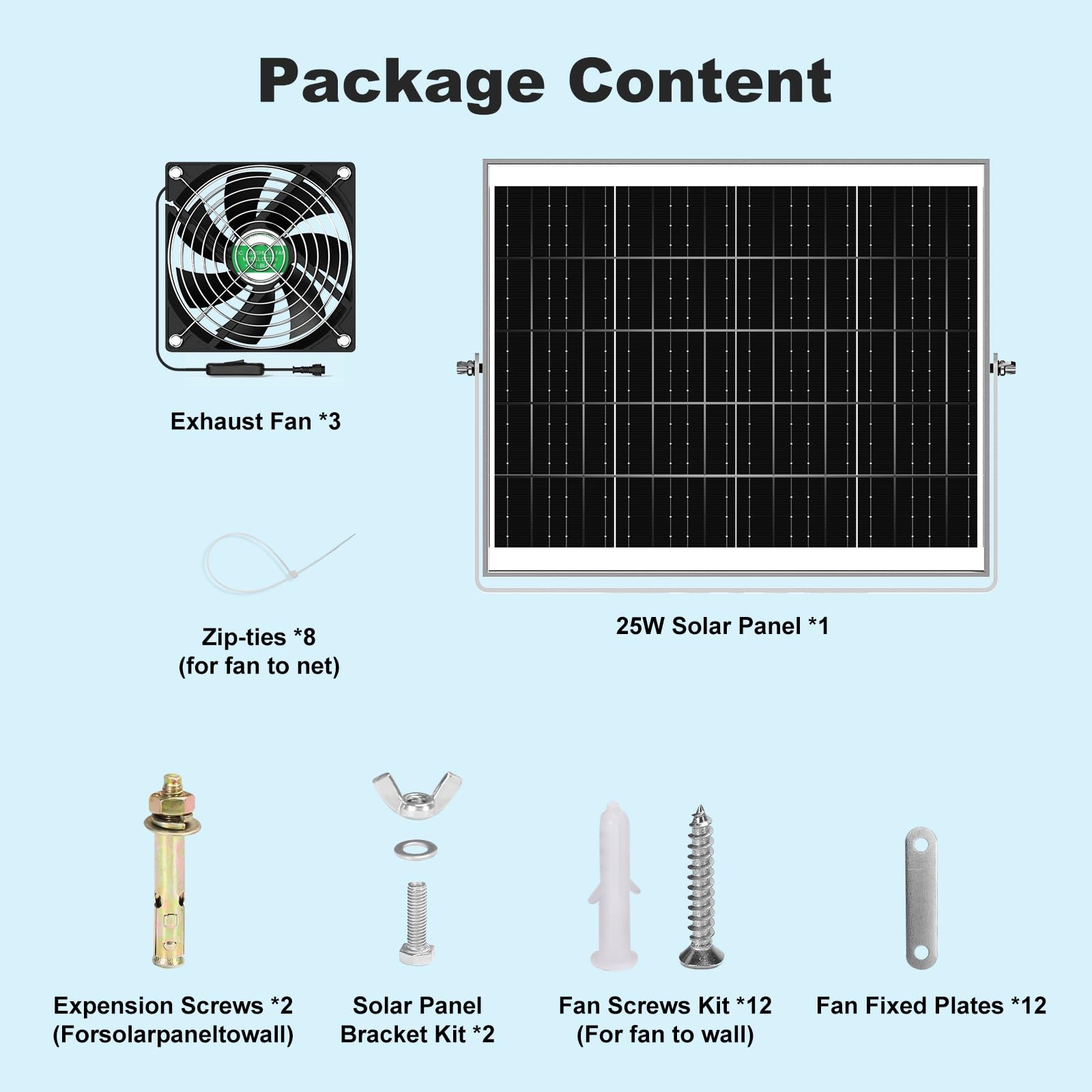 Solar Chicken Coop Fan 3 Kit 25W Solar Powered Greenhouse Fan Outdoor Waterproof
