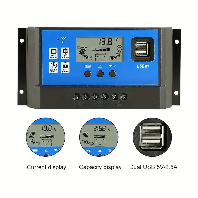 80A Solar Panel Battery Charge Controller 12V 24V, Dual USB Port, LCD Display