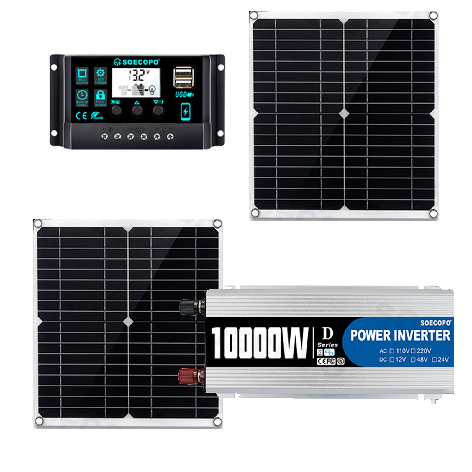 10000W High-Power Solar System Kit | 12V Input to 110V/220V Output | 2pcs Solar