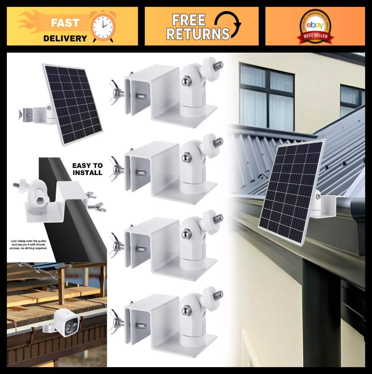 4 PCS Universal Solar Panel Gutter Mount for Ring, Blink, Arlo & More – White