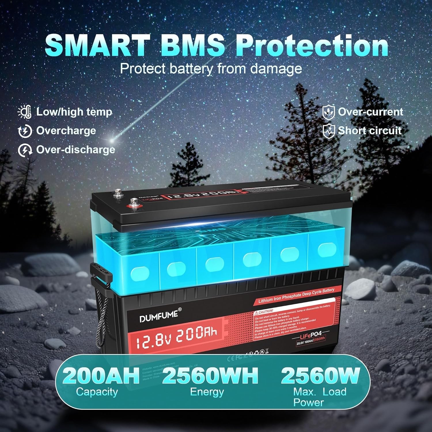 12V 200Ah LiFePO4 Lithium Battery Deep Cycle 200A BMS For RVs Solar Off-grid