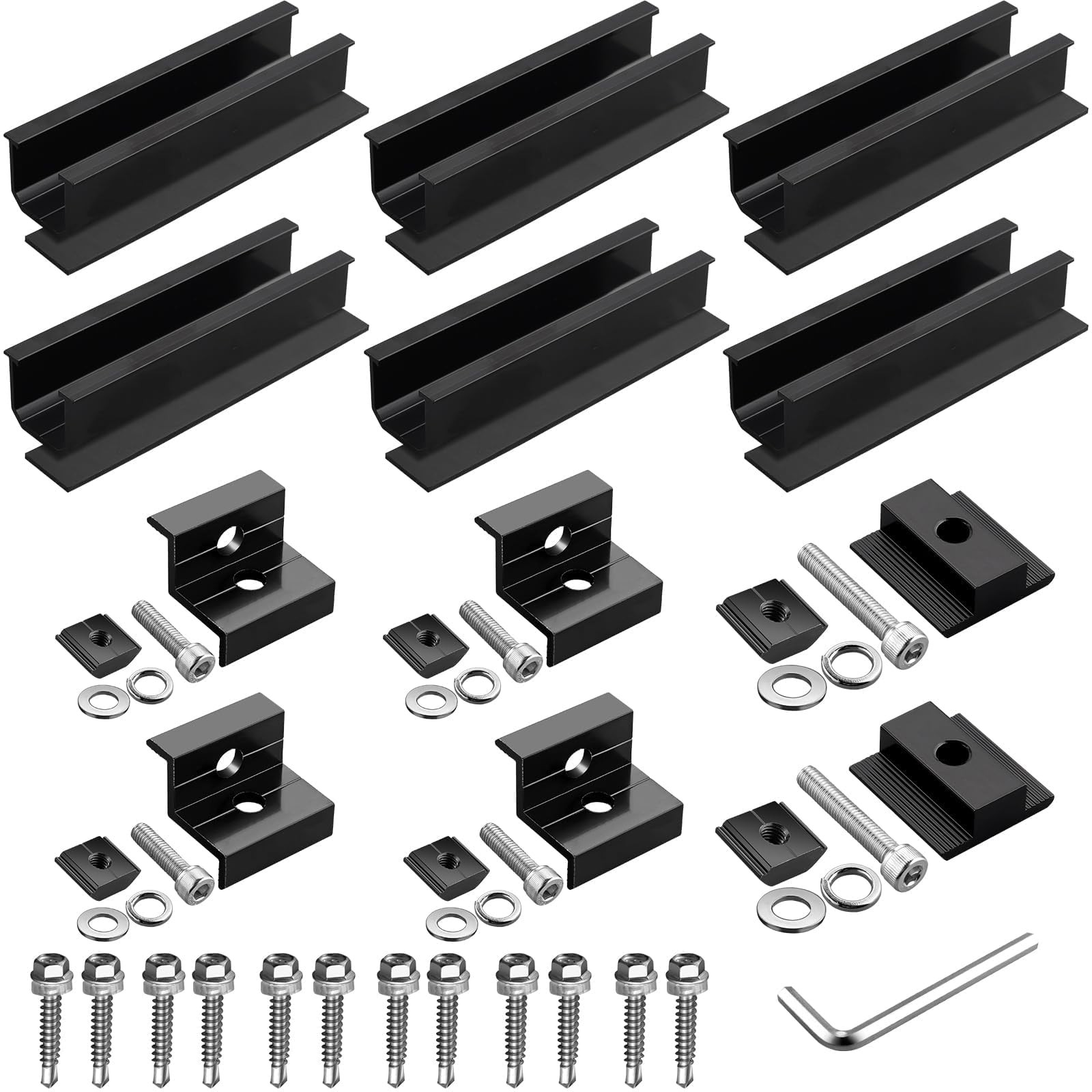 Aluminium Solar Panel Mounting Rail & Adjustable Clamps Bracket Kit 6PC Black