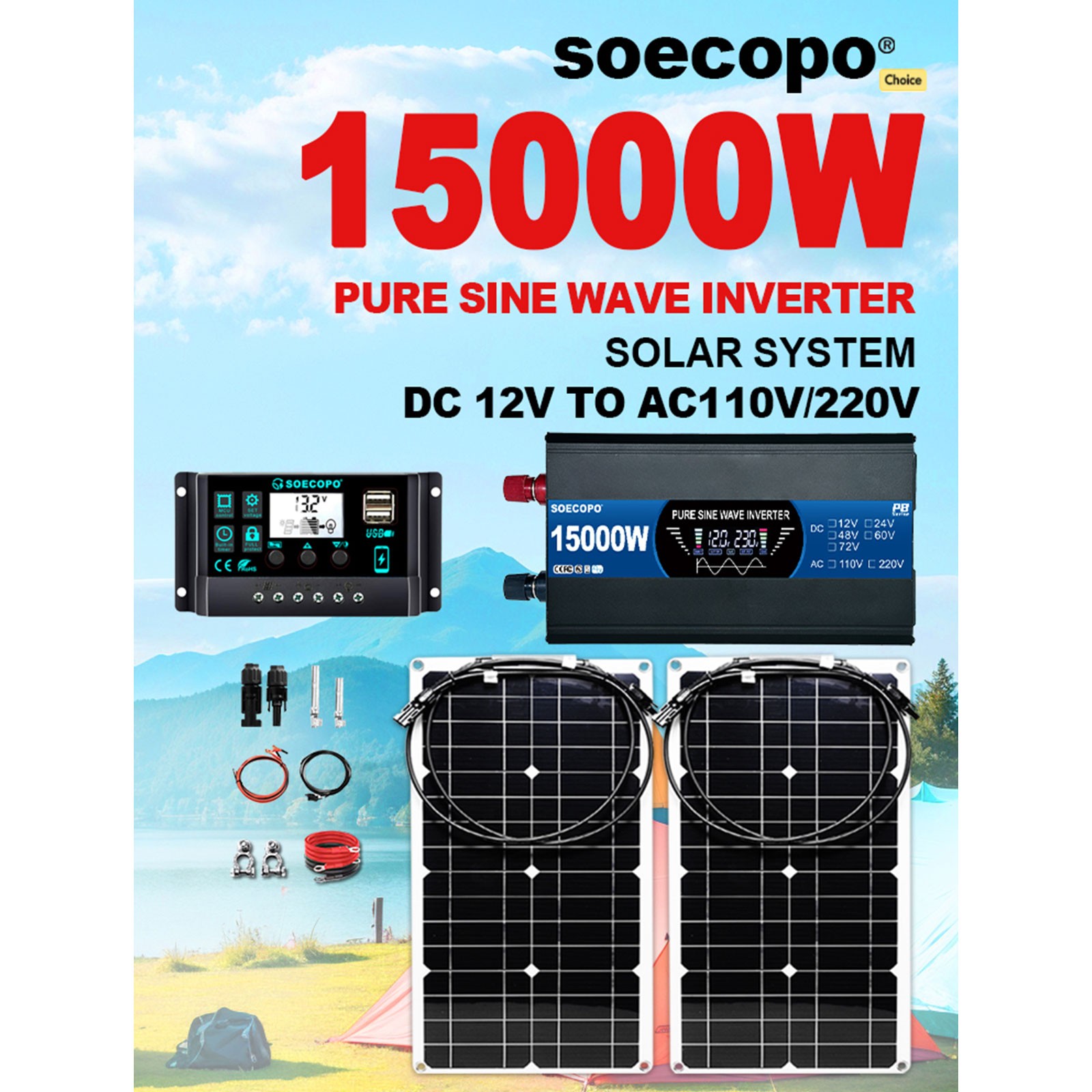 15000W Solar System Kit 100A Controller DC12V AC 110V 220V 2pcs Flexible PanelC1