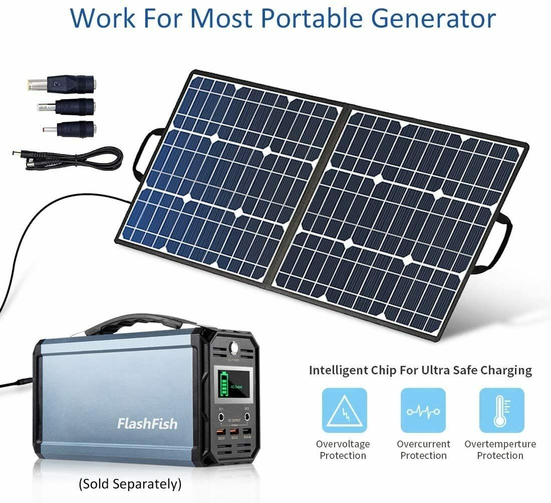 50W 18V Portable Solar Panel, Flashfish Foldable Solar Charger with 5V USB 18V D
