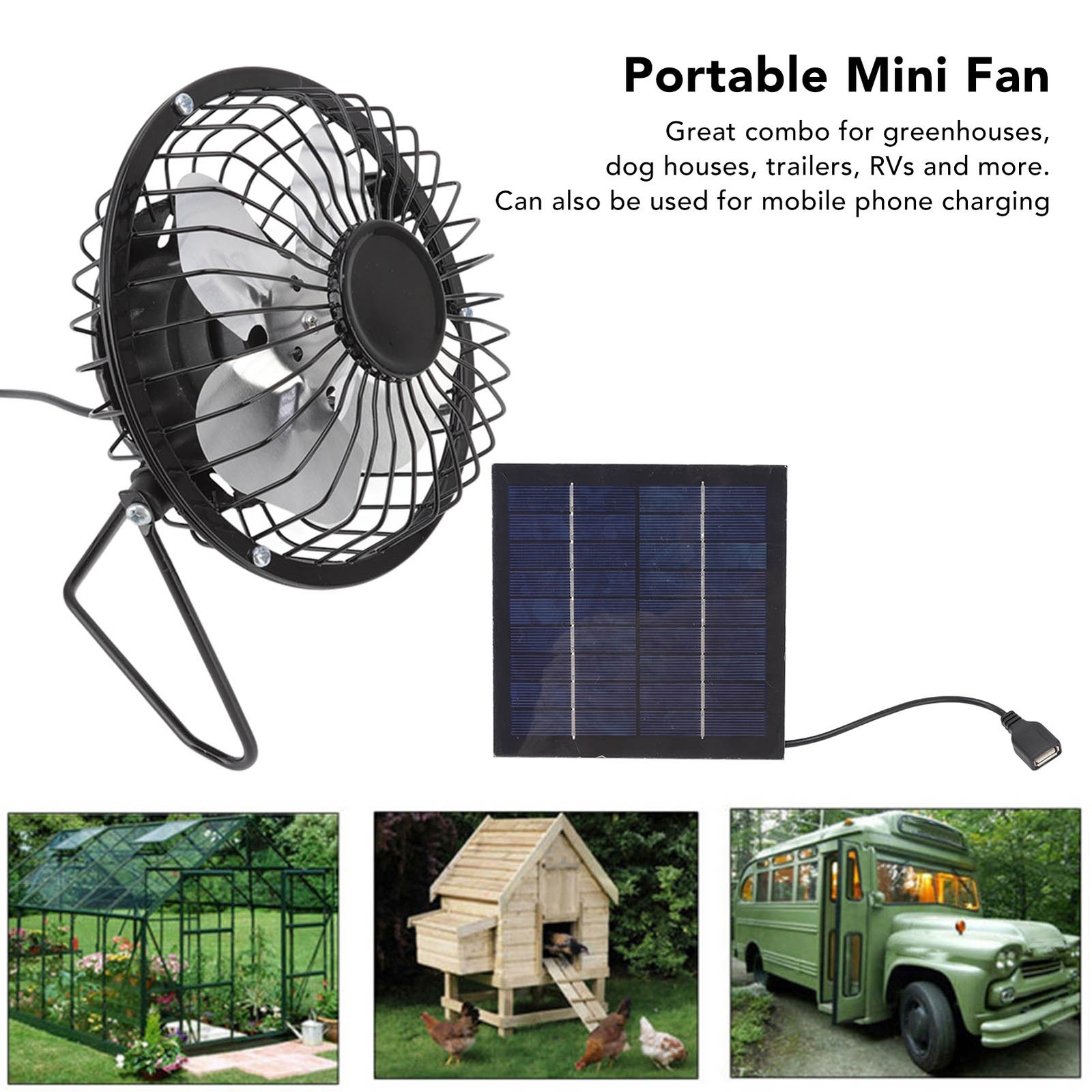 Portable Solar Solar Panel Fan USB Cooling Fan for Greenhouse Pet House Attic