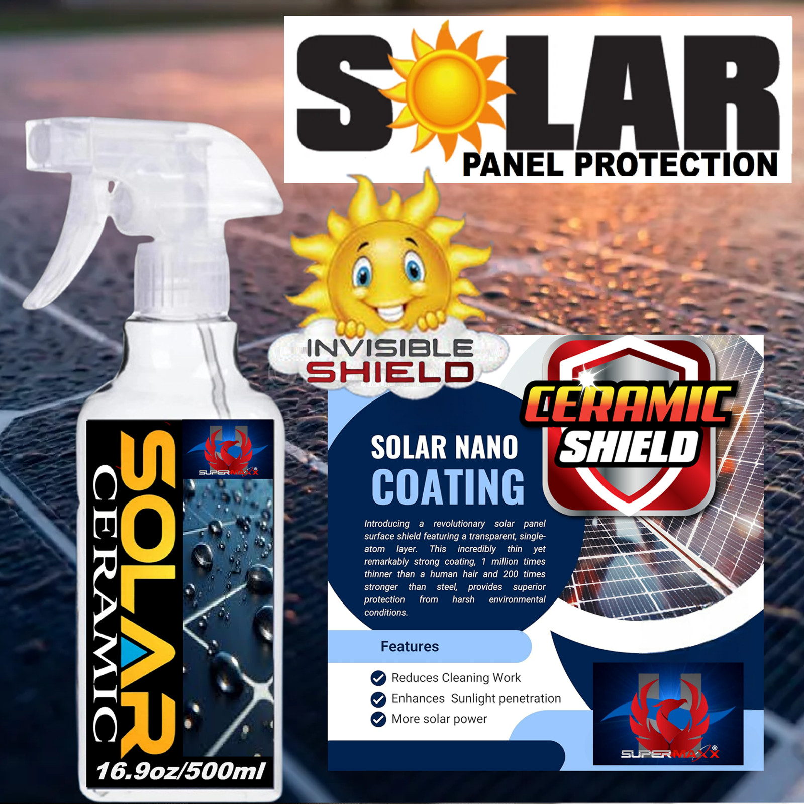 SOLAR PANEL CLEANER TRICURE CERAMIC CLEAR COATING SPRAY PROTECTION -16.9oz/500ml