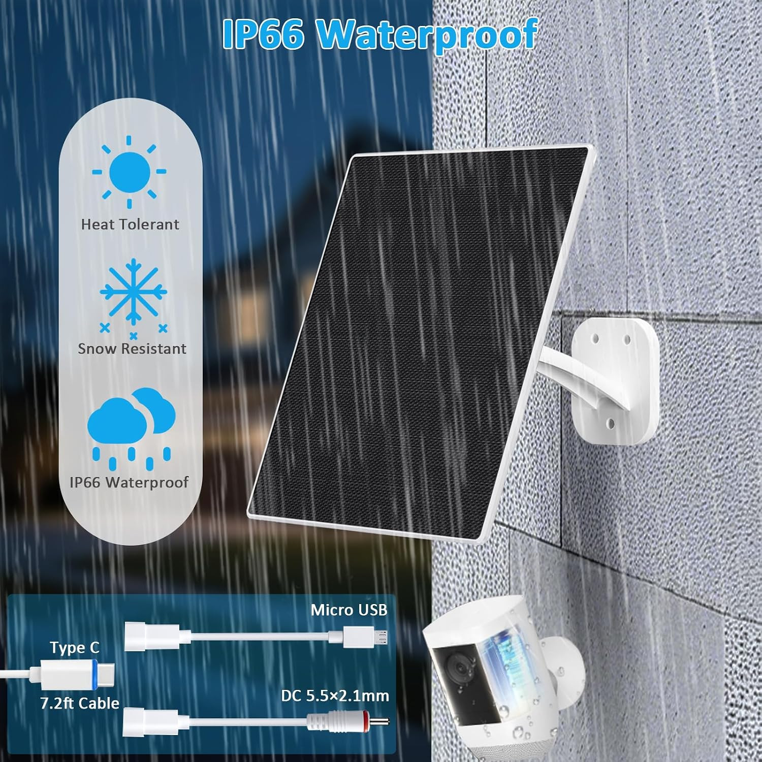 Solar Panel for Security Camera, 10W Solar Charger with DC 5.5X2.1Mm, USB-C & Mi