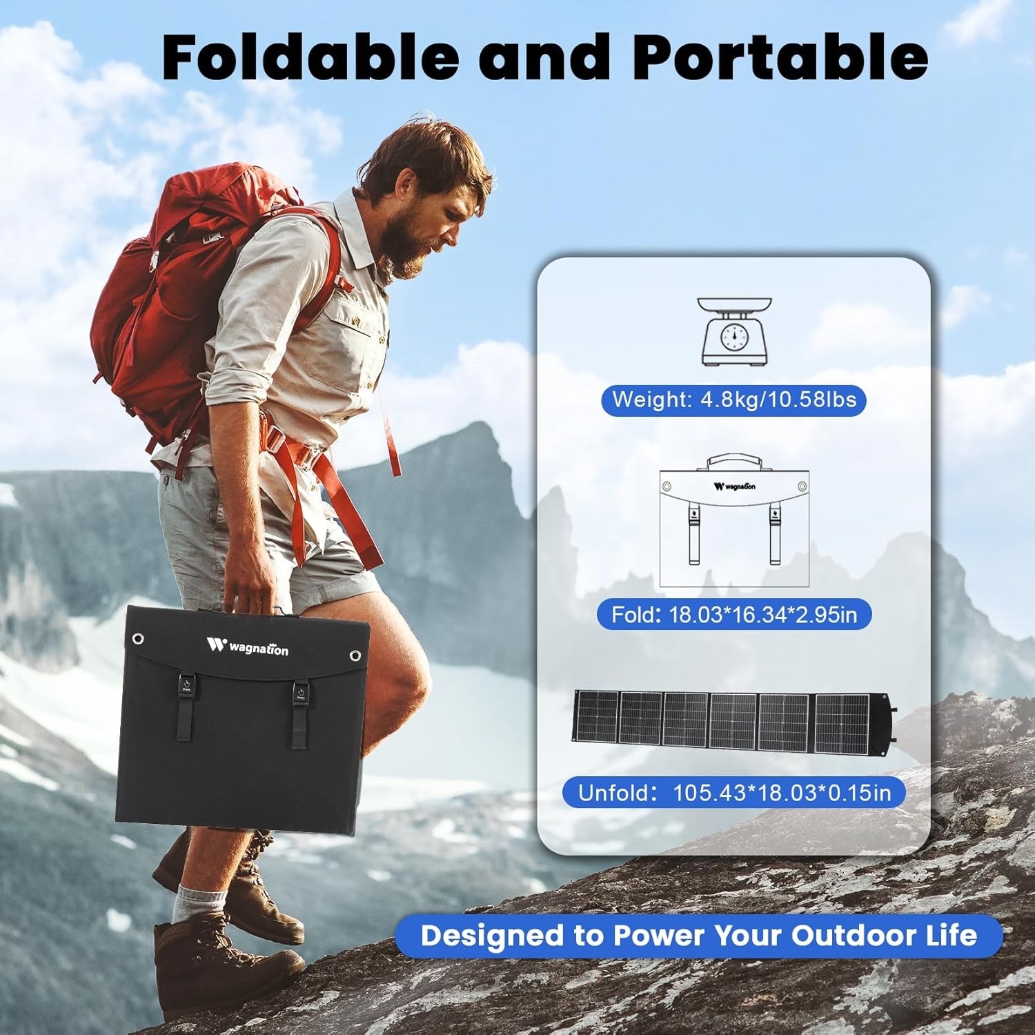 Wagnation 200 Watt Portable Solar Panel, Foldable Solar Panel Charger with Kicks