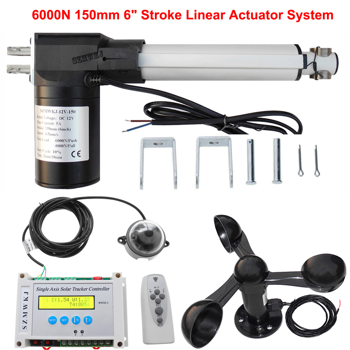 Single Axis Solar Tracker Kit W/ 12V 6000N Linear Actuator Controller Anemometer