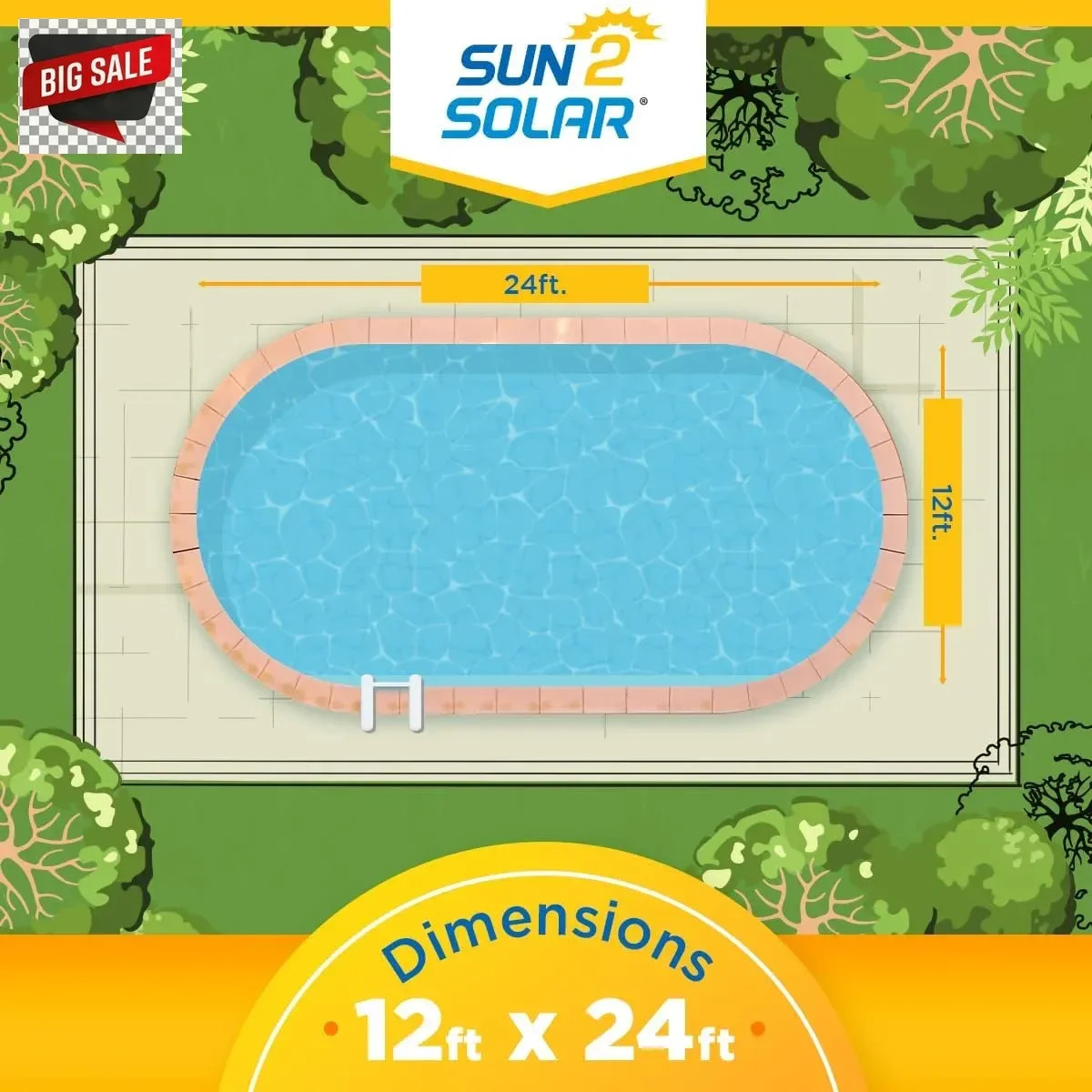 Sun2Solar Blue 12 ft x 24 ft Oval Pool Solar Cover | 8 Mil | Heat Retaining Blan