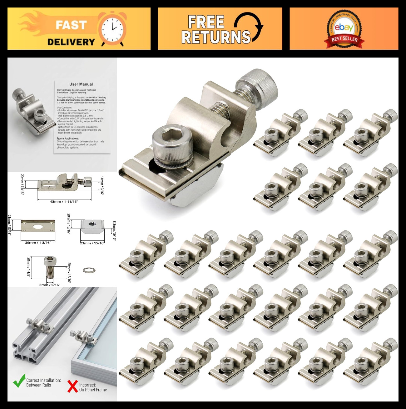 Grounding Lug 6.7mm – Aluminum Alloy Connector for Solar Roof, Ground Mount & Ca