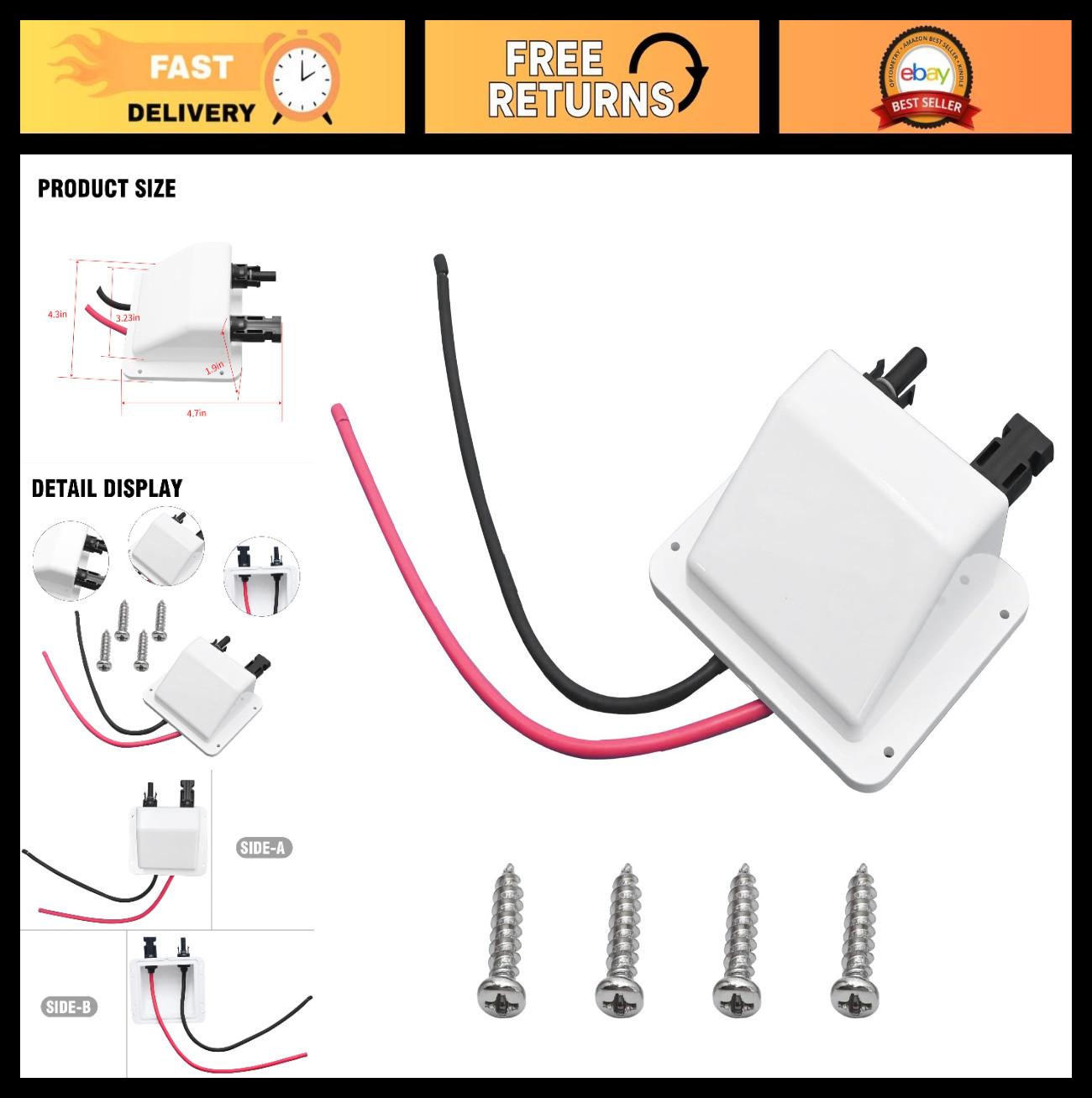Solar Cable Entry Gland Box – 1FT 10AWG Soft Extension Cable & Connector, UV Res
