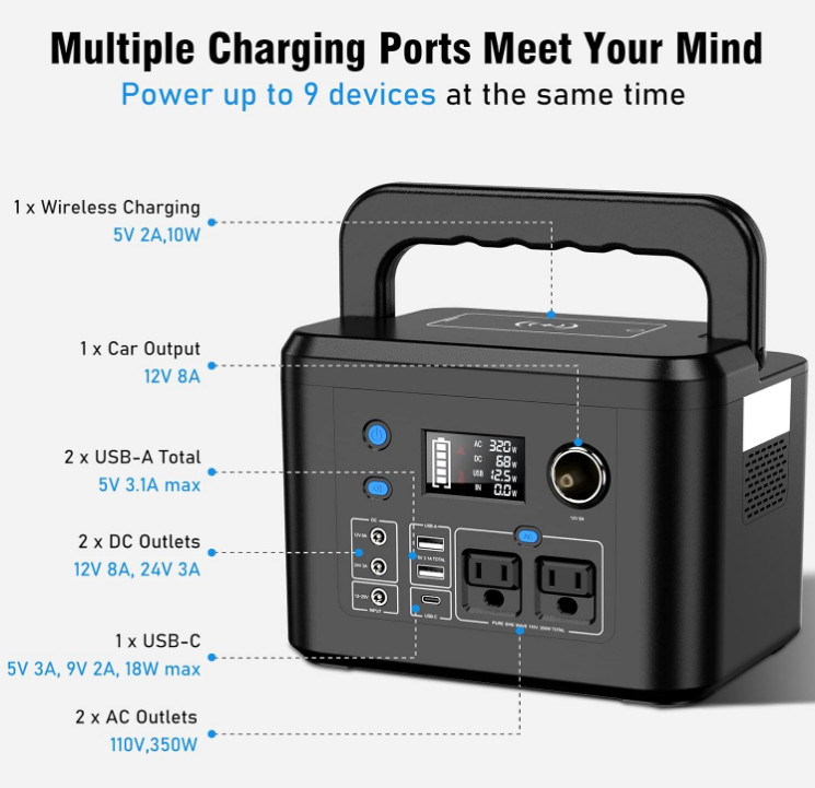 Estación de Energía Portátil 350W 260Wh con 2 AC Onda Pura para Camping, Nuevo