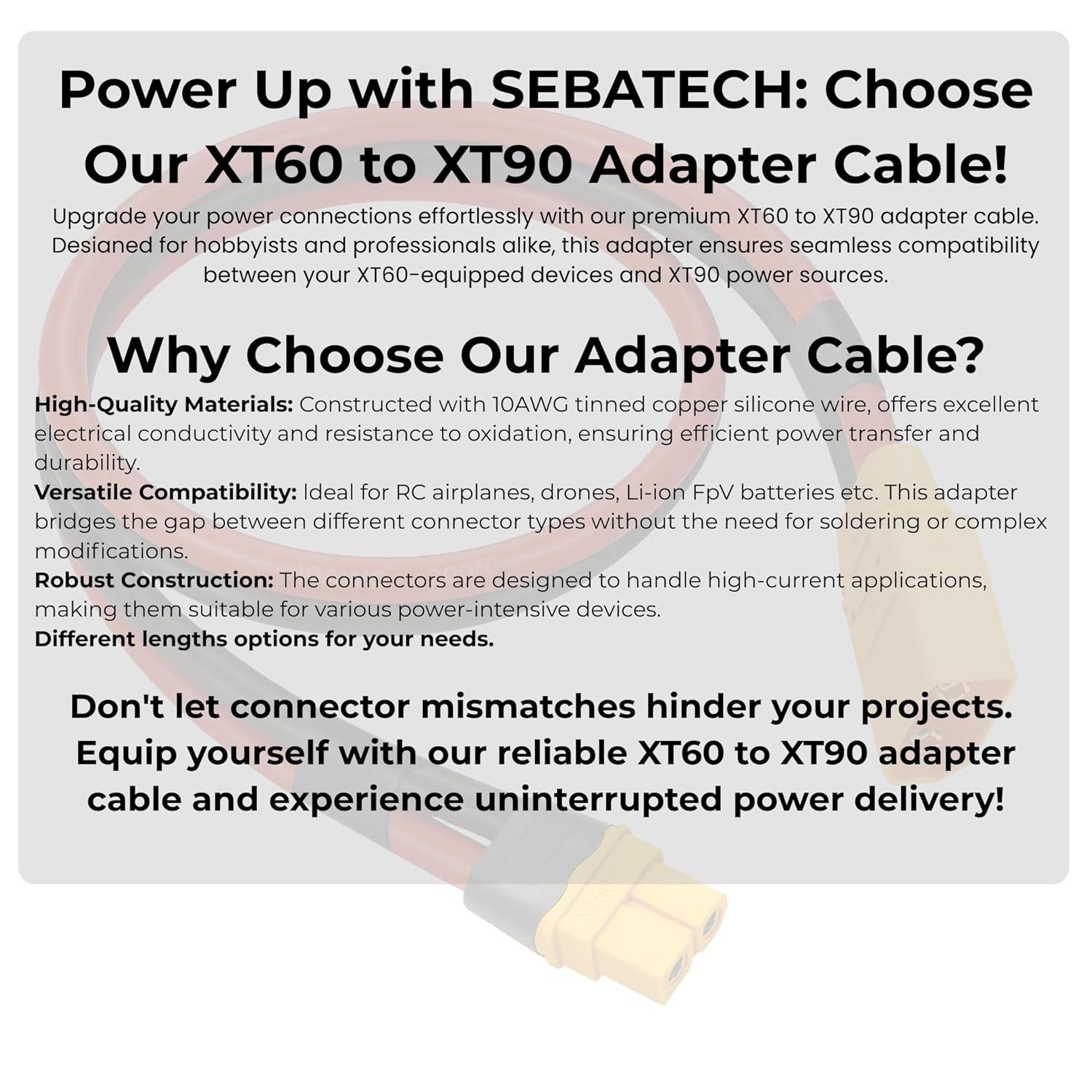 XT60 to XT90 Adapter Cable 10AWG 3FT, XT60 Male to XT90 Female Connector Sili…