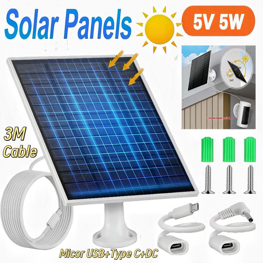 Solar Panel for Outdoor Camera Security Cam Micro USB Type C DC Battery Charger