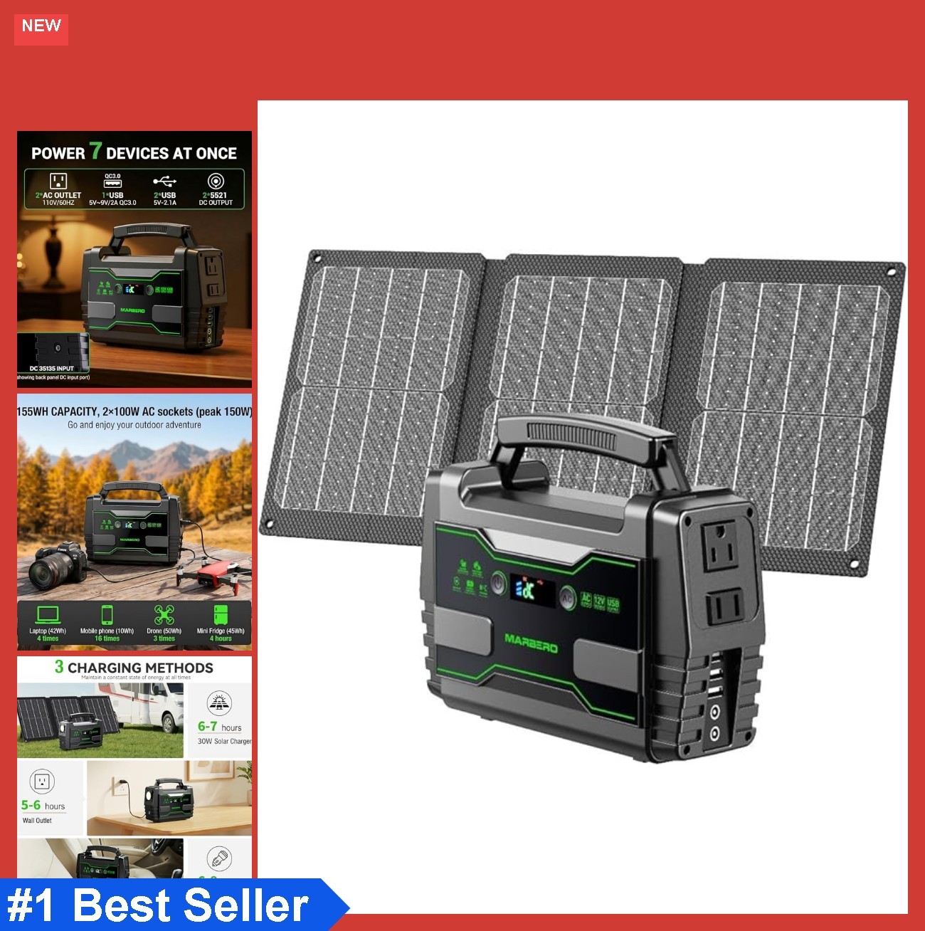 Solar Generator 155Wh Portable Power Station 30W Solar Panel 2x100W AC Outlets