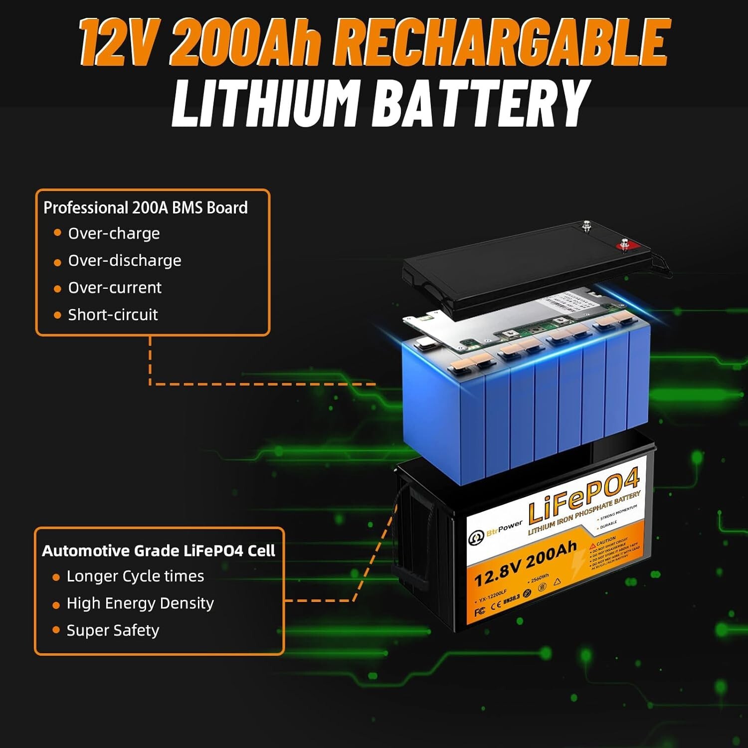 12.8V 200Ah Lithium Battery 200A BMS LifePO4 Deep Cycle Solar Marine Solar RV