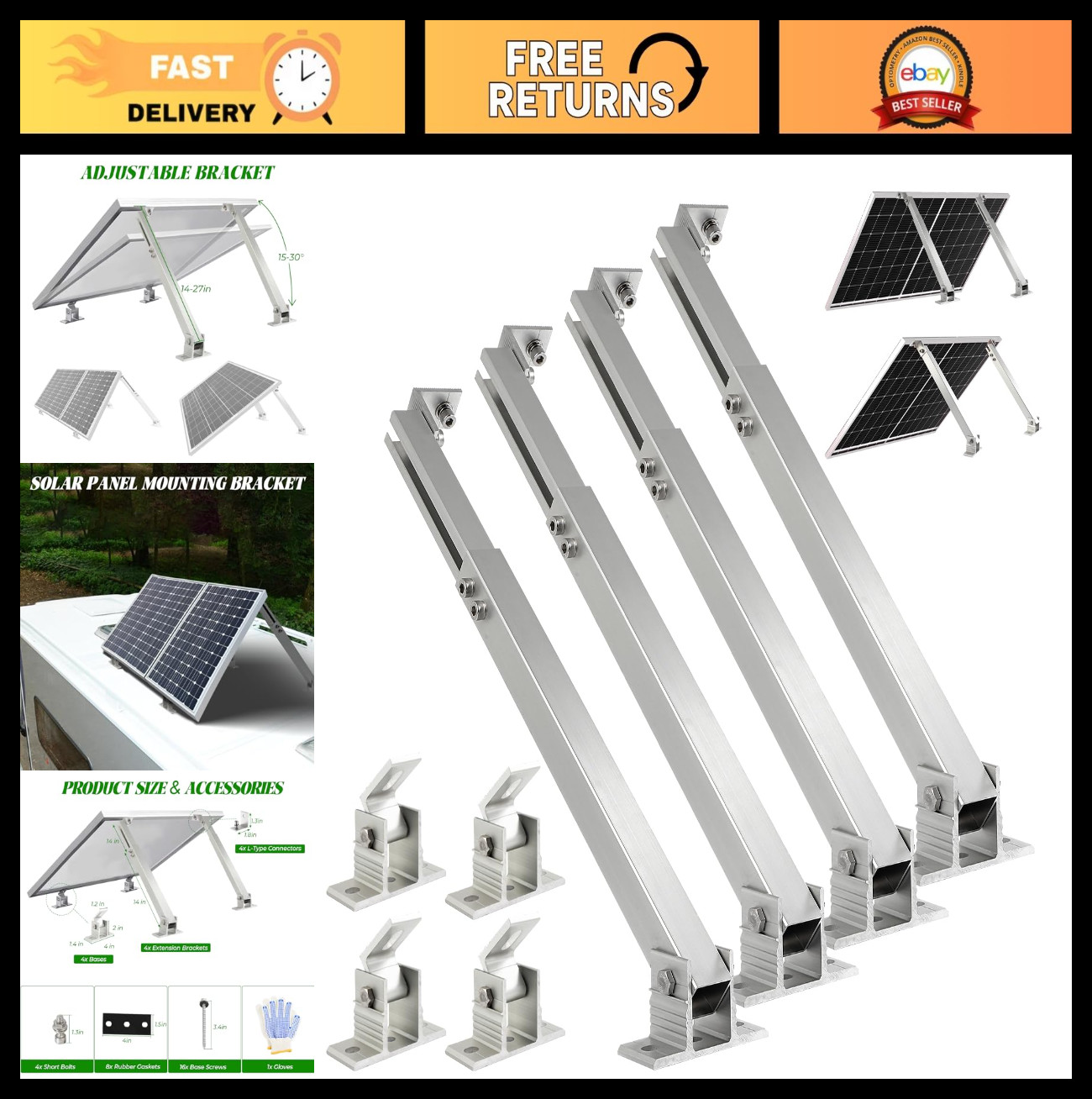 Adjustable Solar Panel Mounting Brackets – 2 Sets, 14-27IN Tilt Rack for RV, Boa
