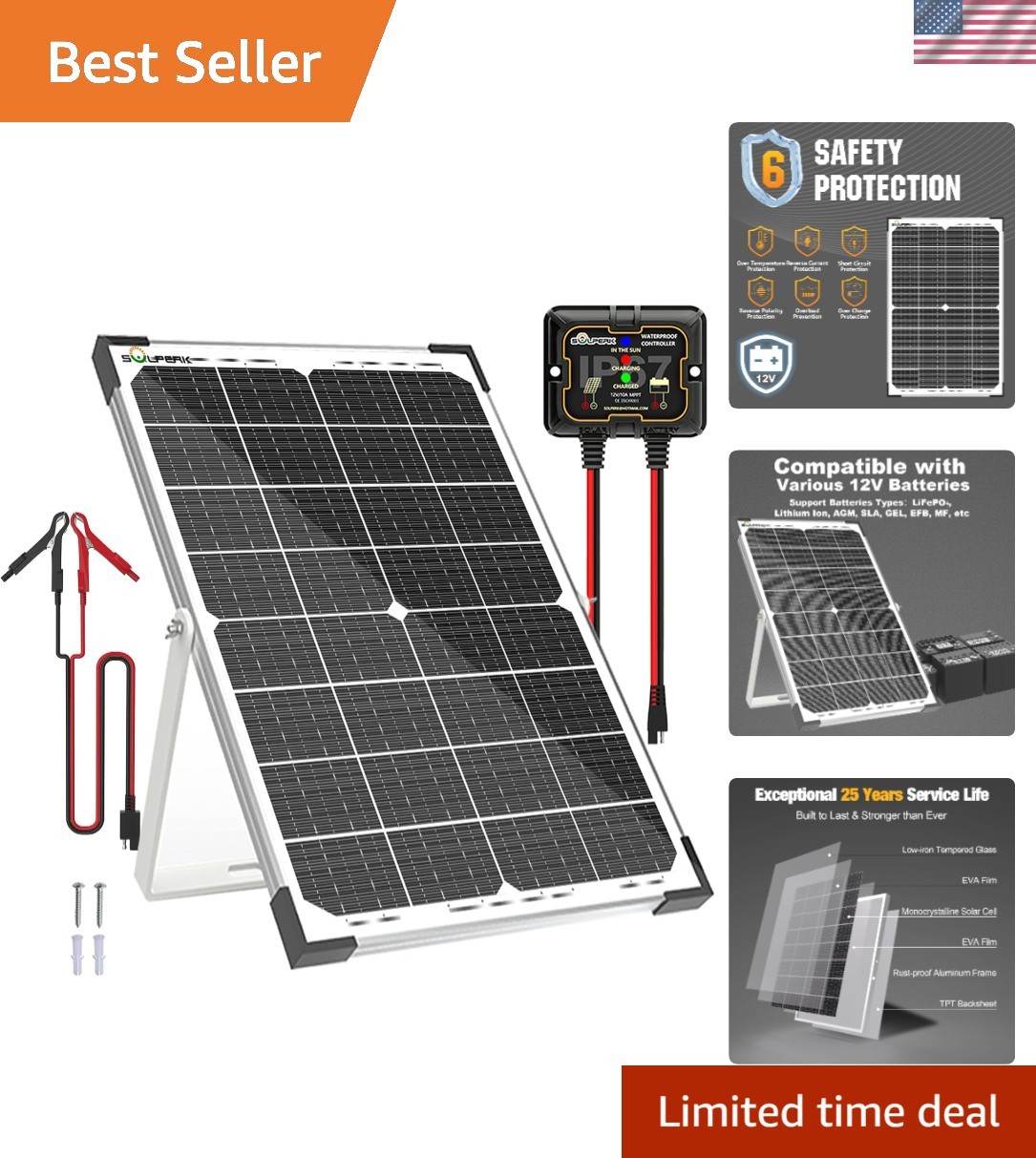 Efficient 30W Solar Panel Kit w/ 10A MPPT Controller for Car, RV & Boat Charging