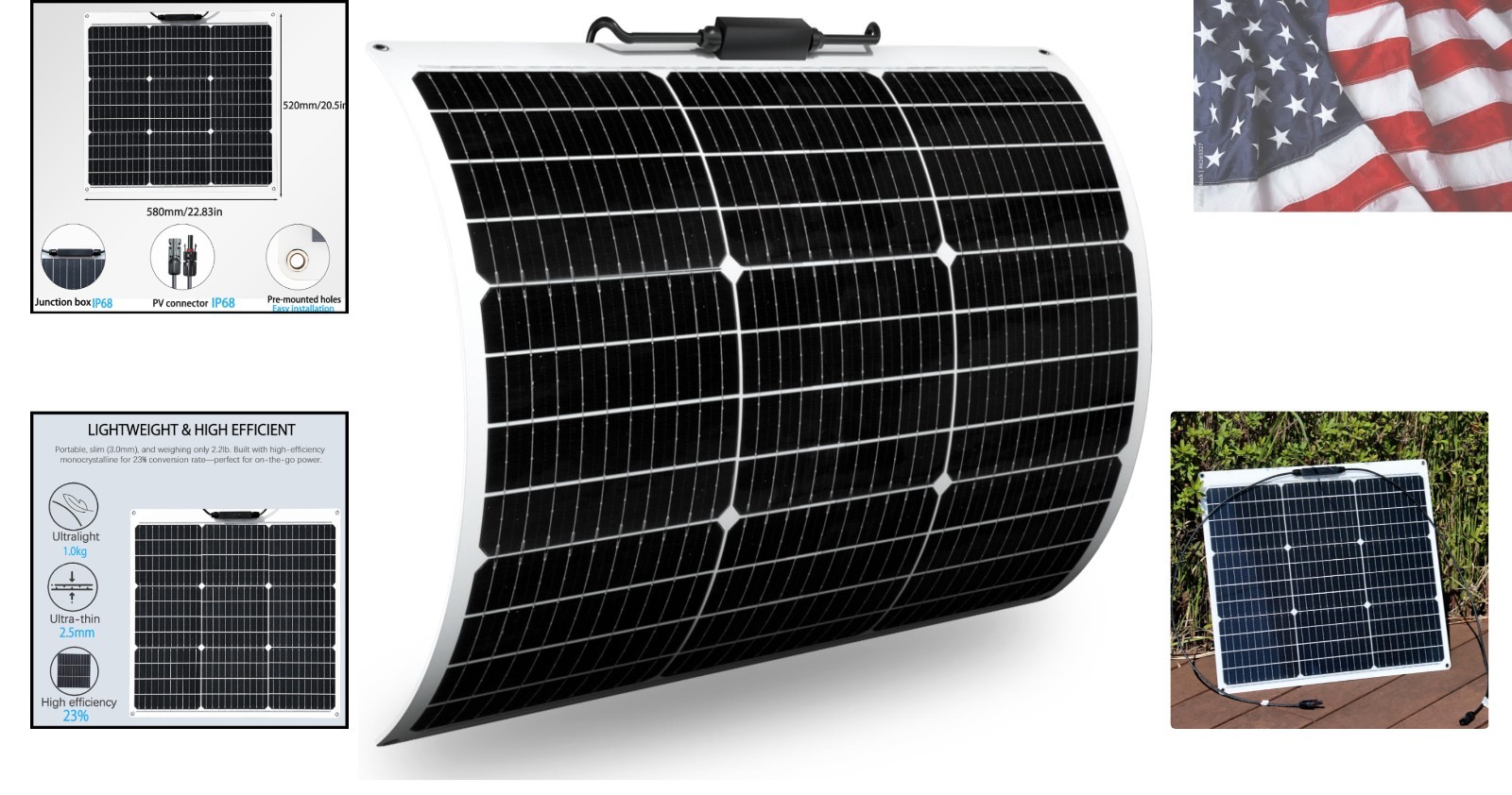 Flexible Solar Panel 50W 12V Monocrystalline Module Fiberglass Lightweight Ch…