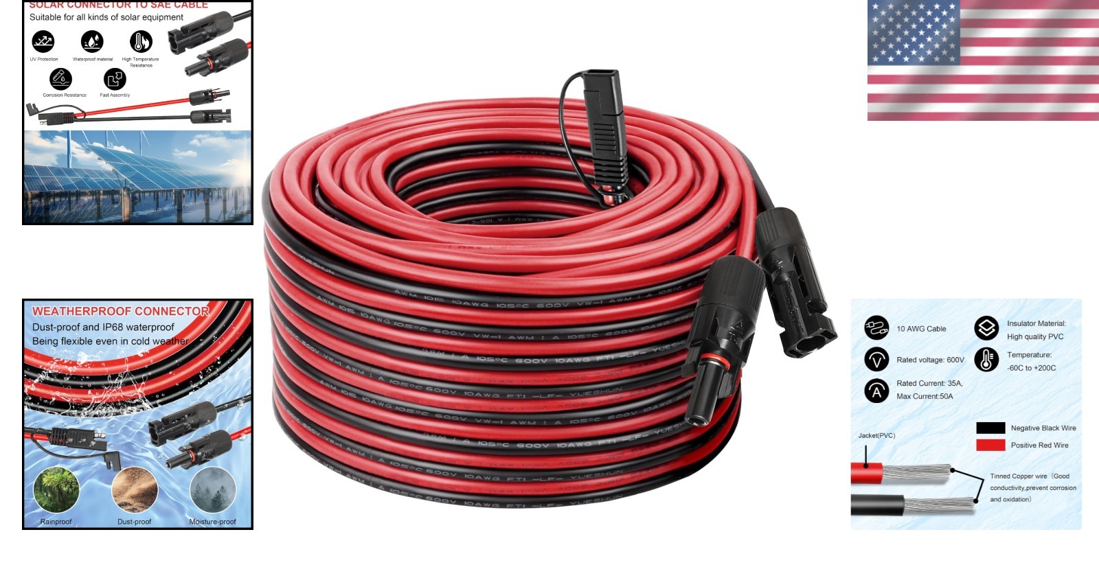 Solar Panel SAE Adapter Cable – 75FT 10AWG Extension Kit