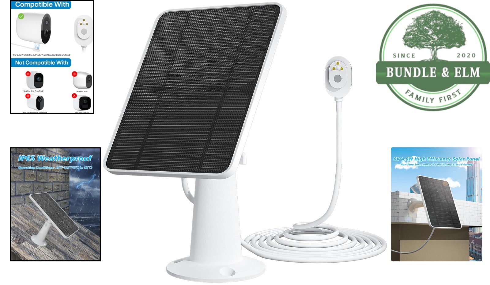Monocrystalline Solar Panel for Arlo Cameras with 360 Adjustable Bracket