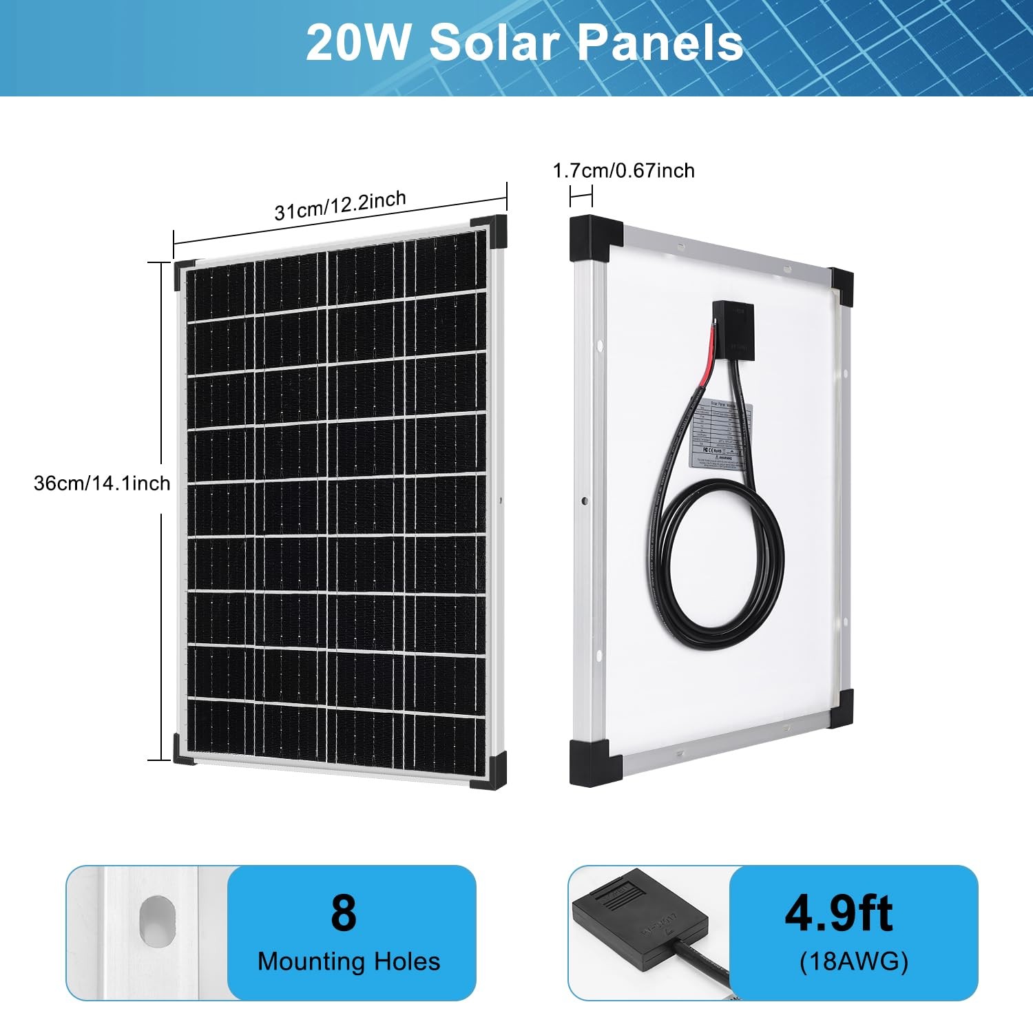 Solar Panels Kit 20W Monocrystalline 12V 10A Charge Controller – Off Grid +20.0