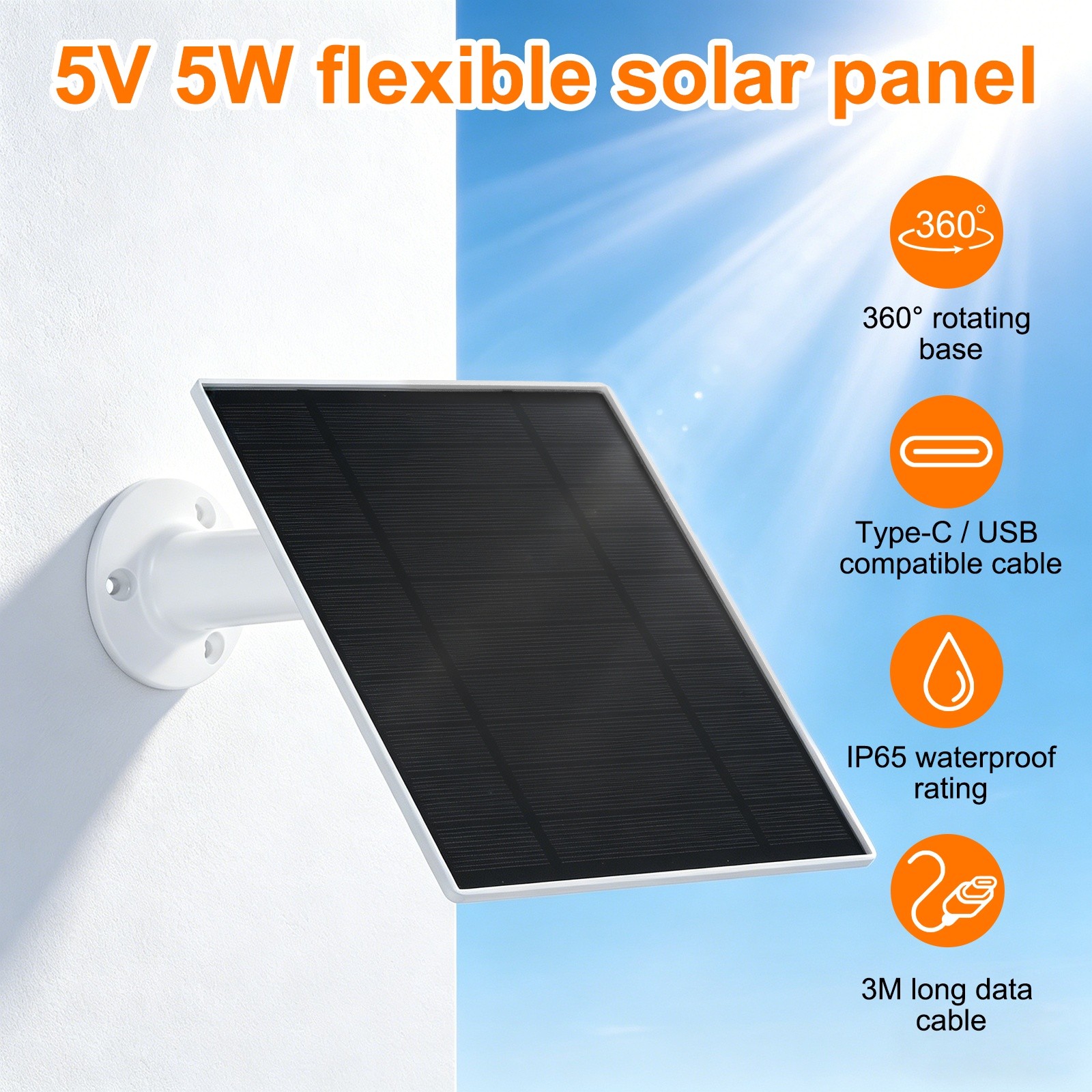 1 Pack of 5V 5W Solar Panel, Waterproof Dual Type-C/USB Solar Charger, White