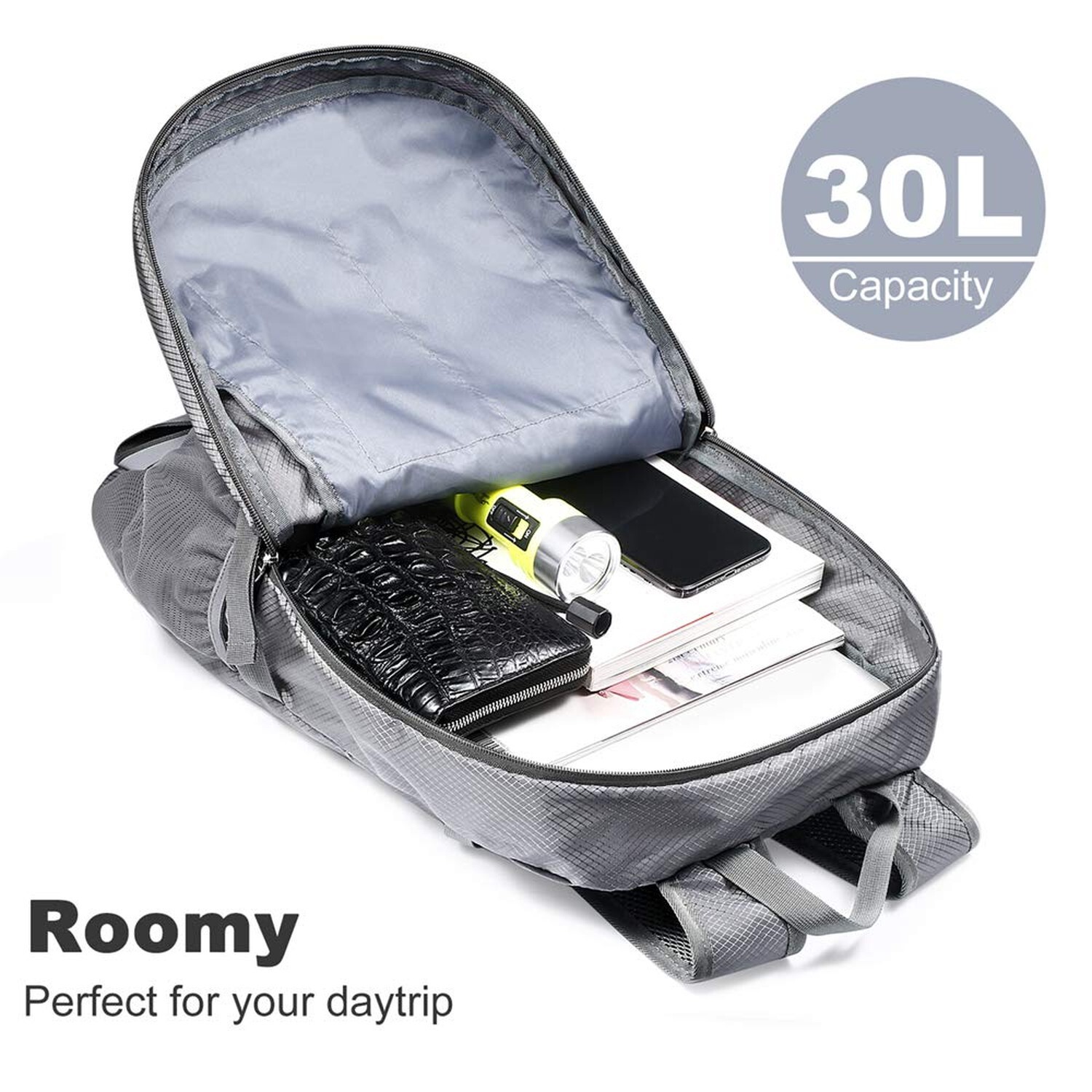 Solar Backpack Foldable Hiking Daypack With 5V Power Supply Grey