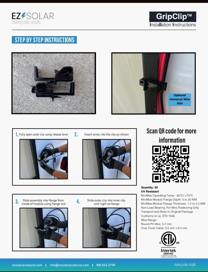 EZ Solar GripClip Intertek 5030165 UV Resistant Wiring Clips For Outdoor Use