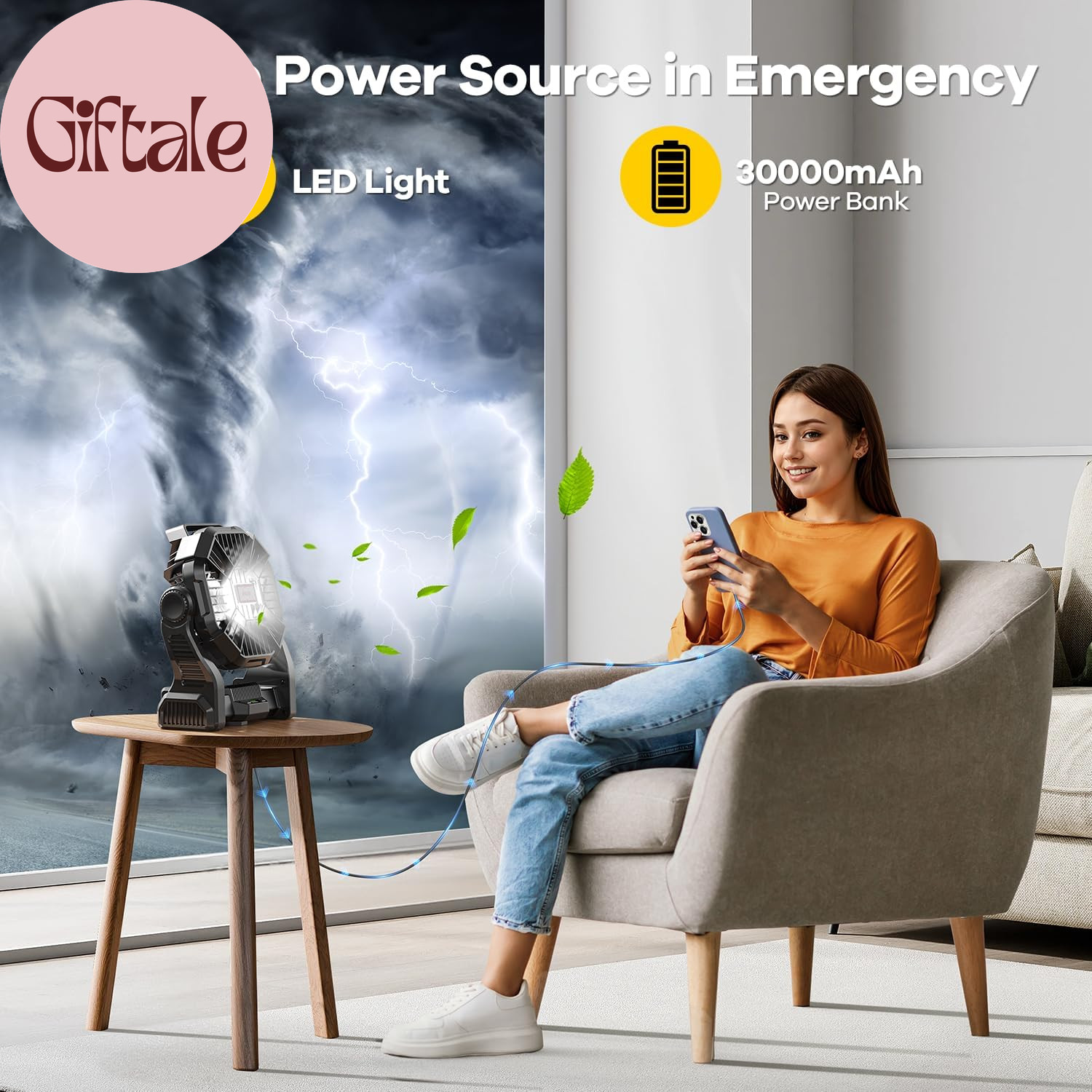30000Mah Solar Fan with LED Lantern, 10W Solar Panel Rechargeable Battery Powere